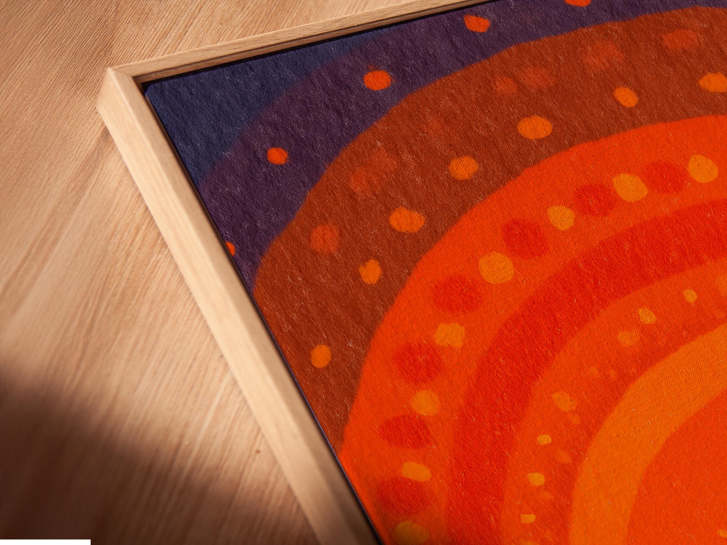 Abstract boats and sunset arcs in orange and navy with a purple dotted sky detail view