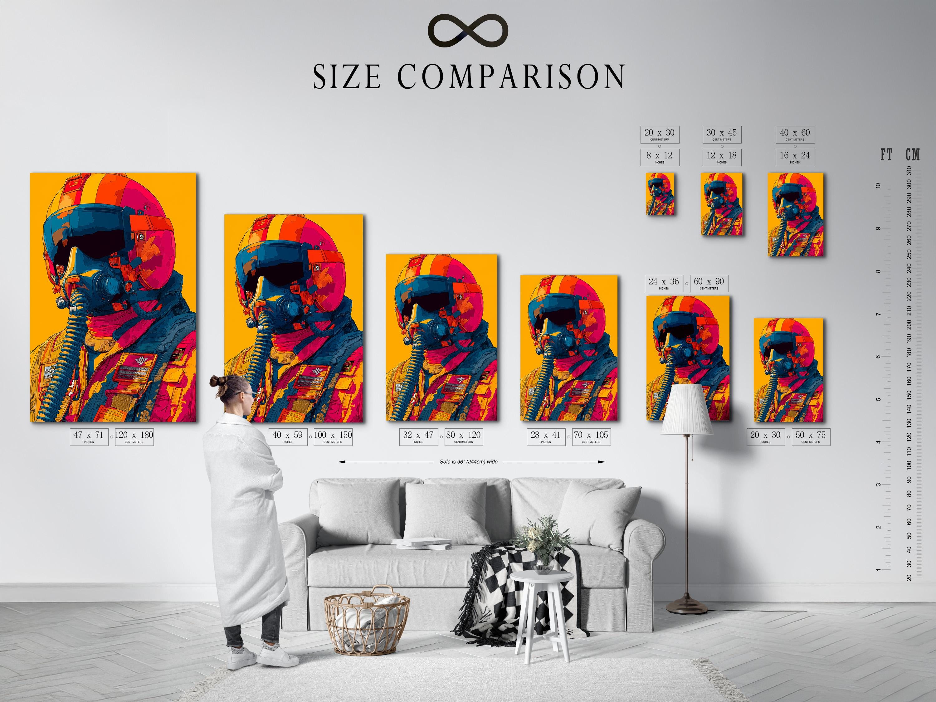 Mockup showing a framed retro pilot wall artwork with teal, orange and hot pink colours on a yellow background