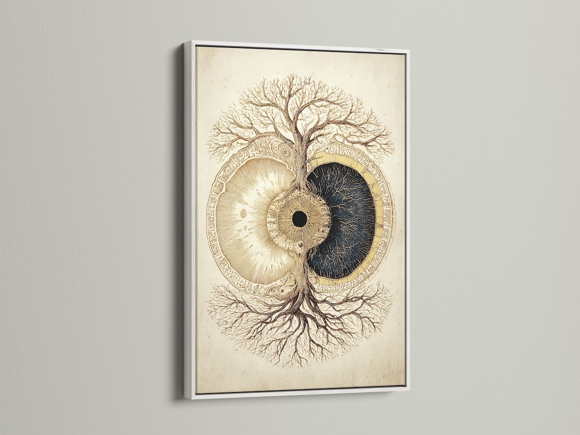 Tree of life symbol with gold and dark navy split circle on a beige background detail view