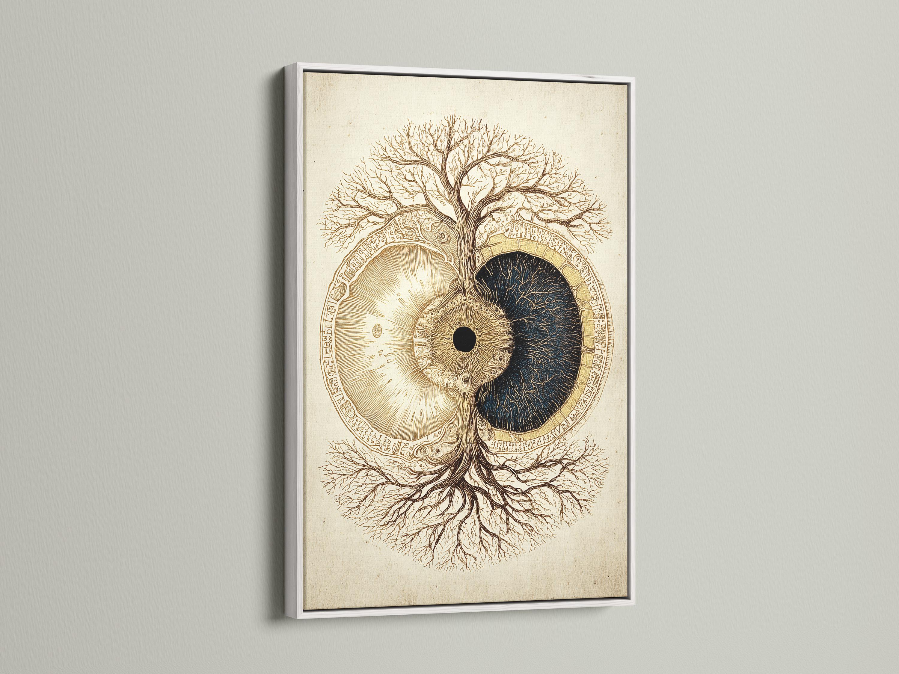 Tree of life symbol with gold and dark navy split circle on a beige background detail view