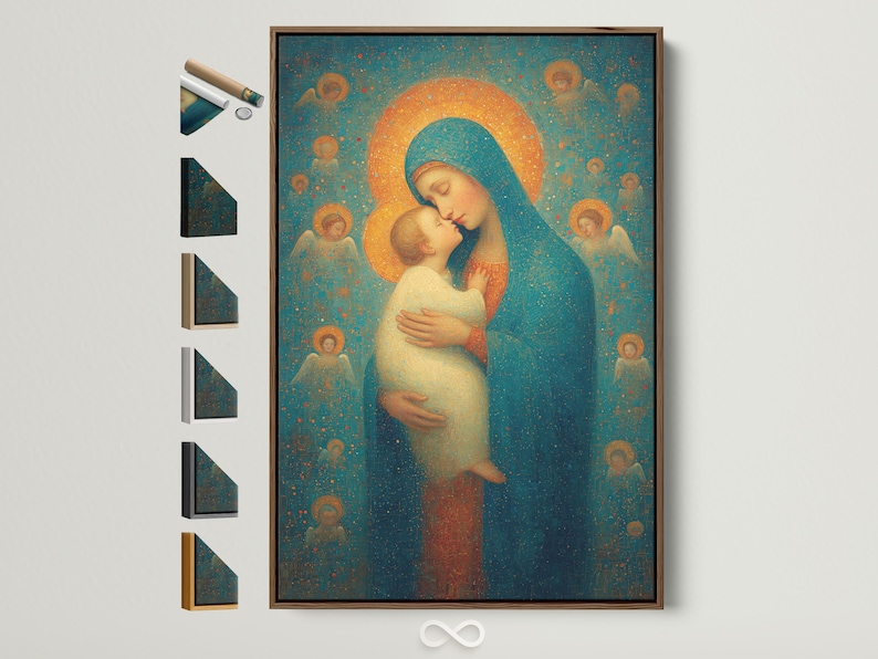 Religious painting of a haloed woman holding a haloed child against a teal and gold speckled background