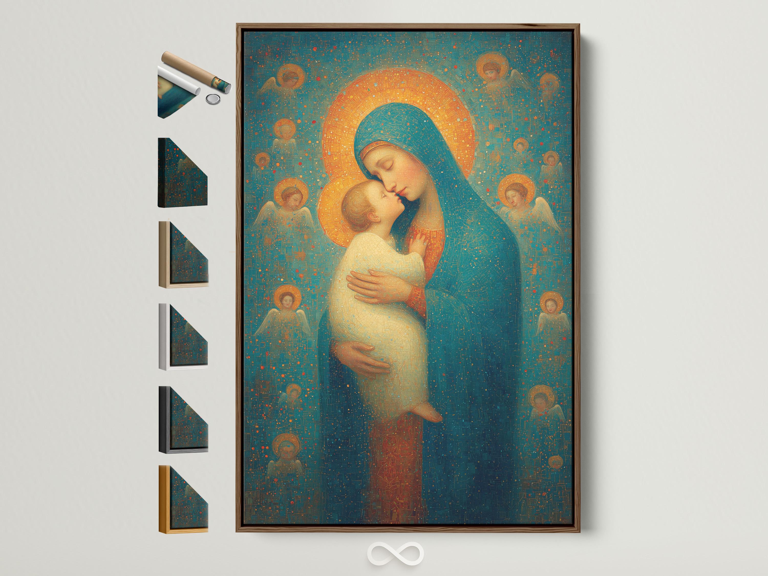 Religious painting of a haloed woman holding a haloed child against a teal and gold speckled background
