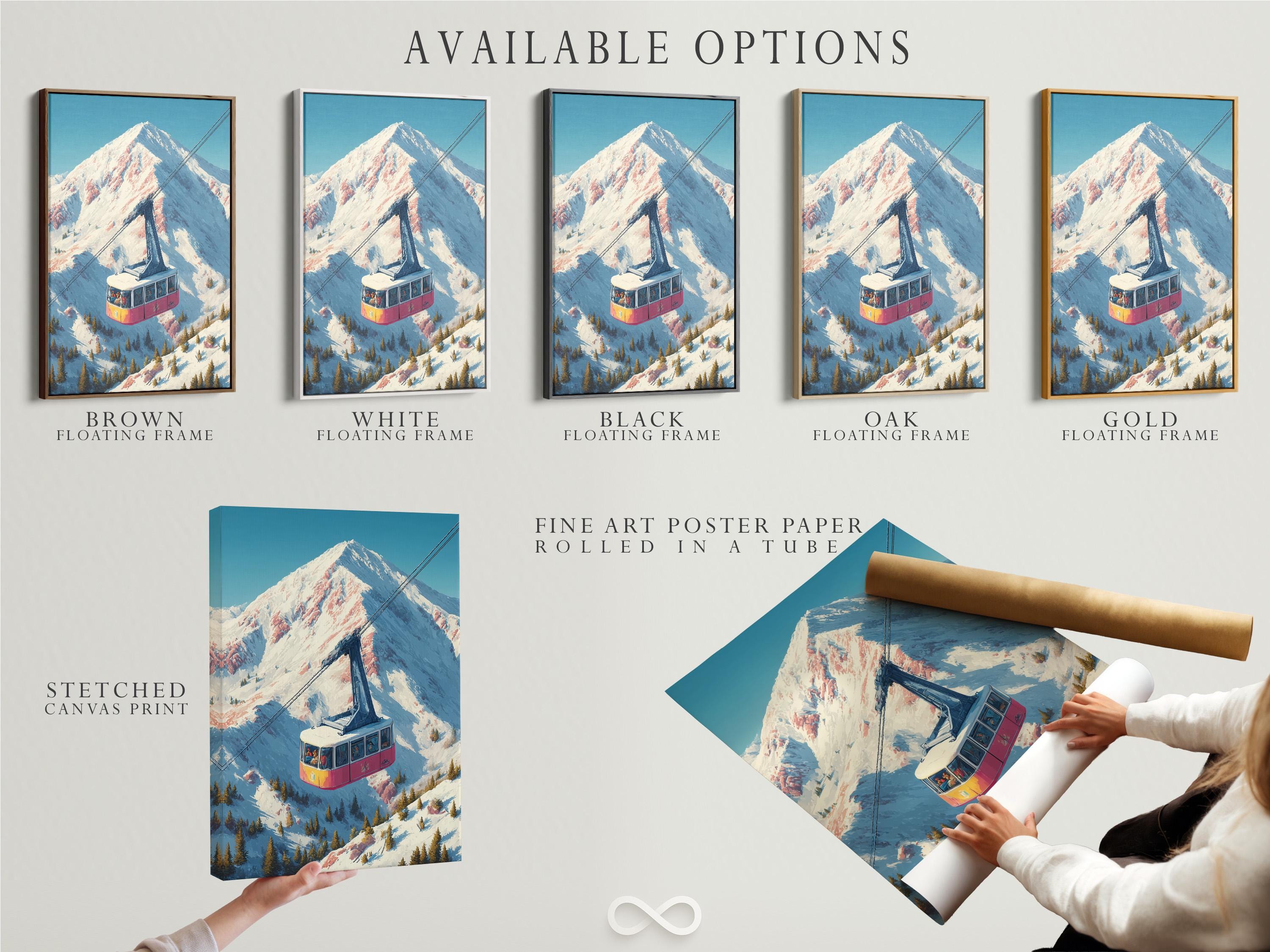 Illustrated alpine mountain scene with a cable car over snowy slopes and a tall peak detail view