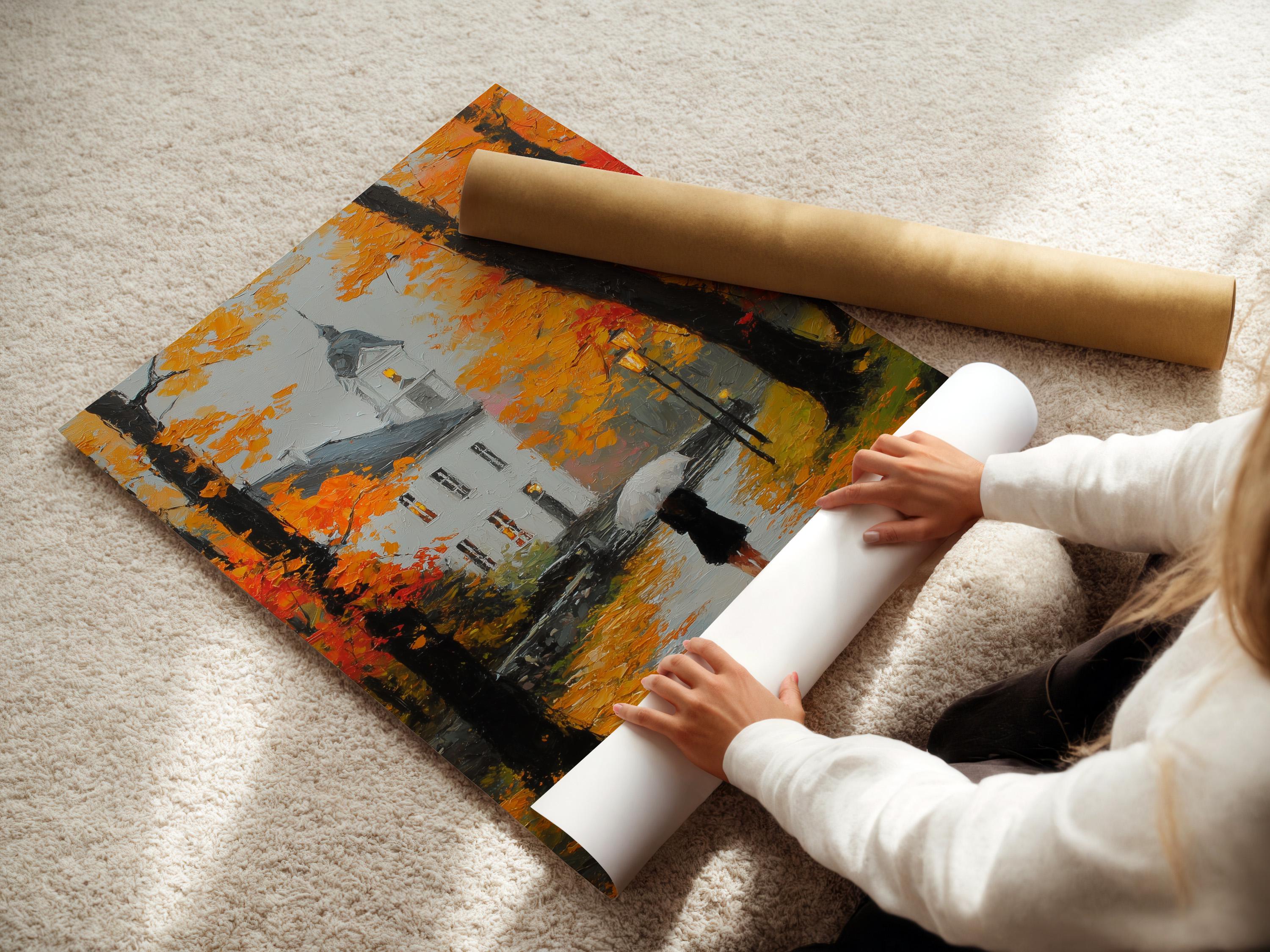 Painted autumn rain street scene with a figure holding an umbrella under orange and red trees detail view