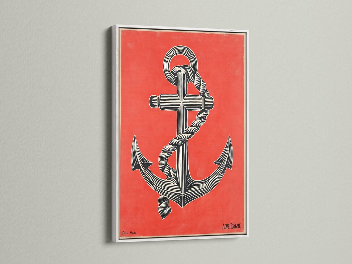 Coral red anchor illustration with black and cream rope-like stripes and ring details detail view