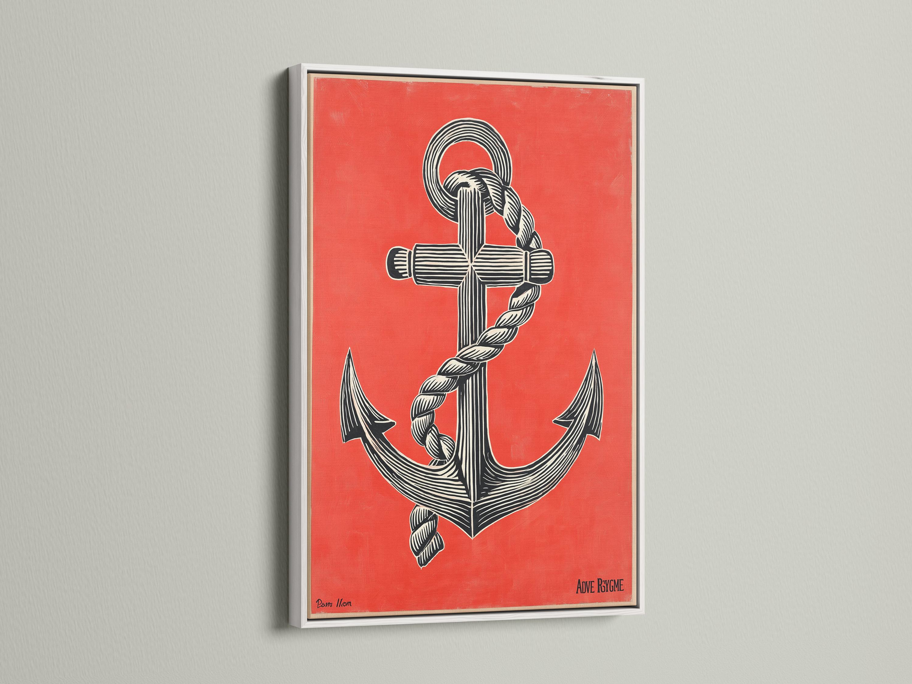 Coral red anchor illustration with black and cream rope-like stripes and ring details detail view