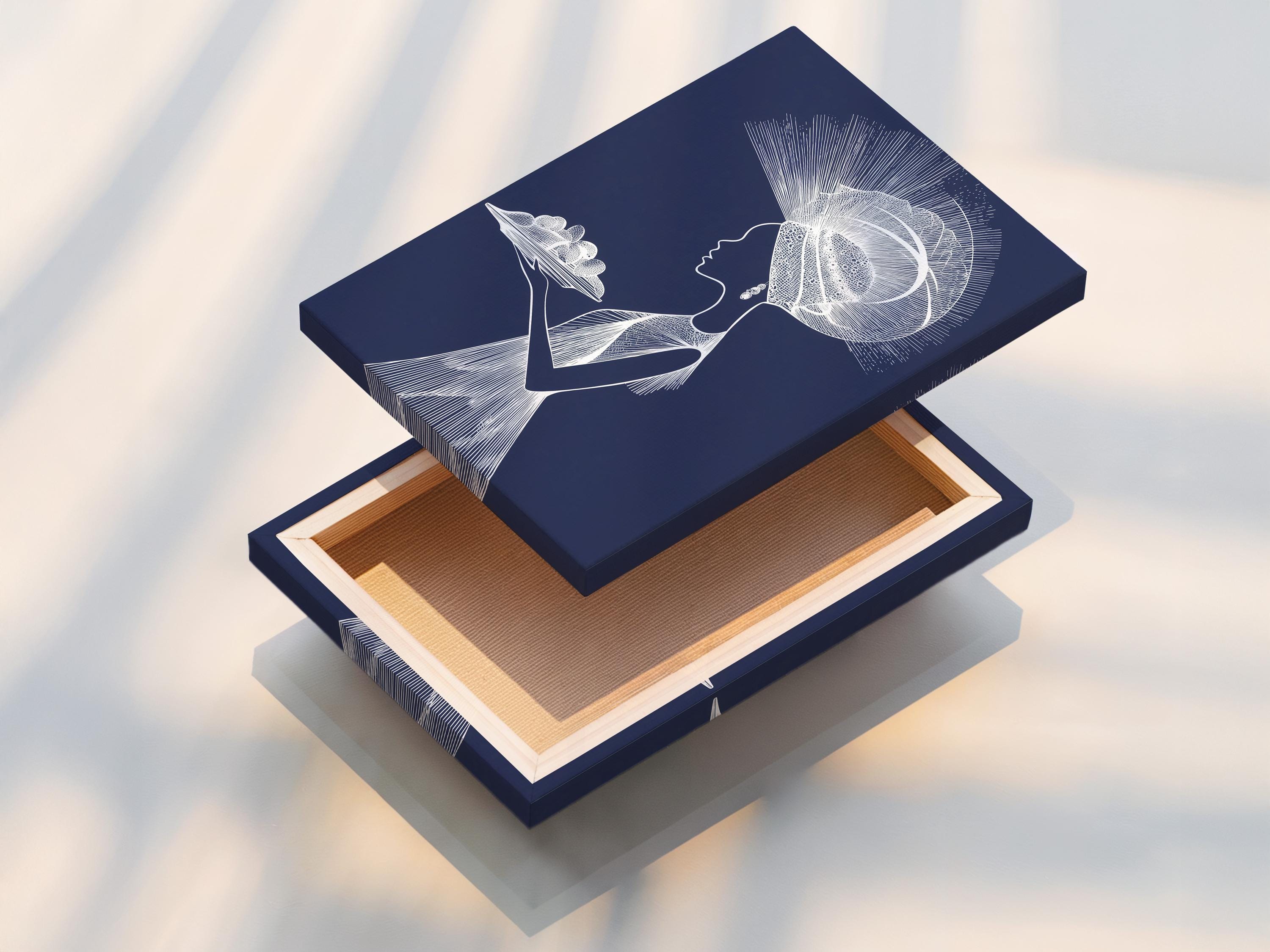Minimalist white line portrait of a woman in profile on a navy blue background with radiating halo strokes detail view
