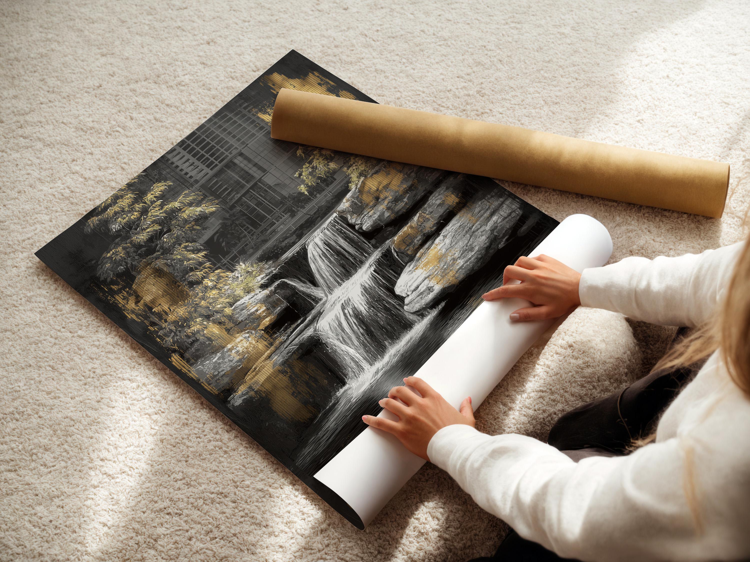 Black and gold waterfall artwork with a cityscape and trees, featuring reflective water below detail view