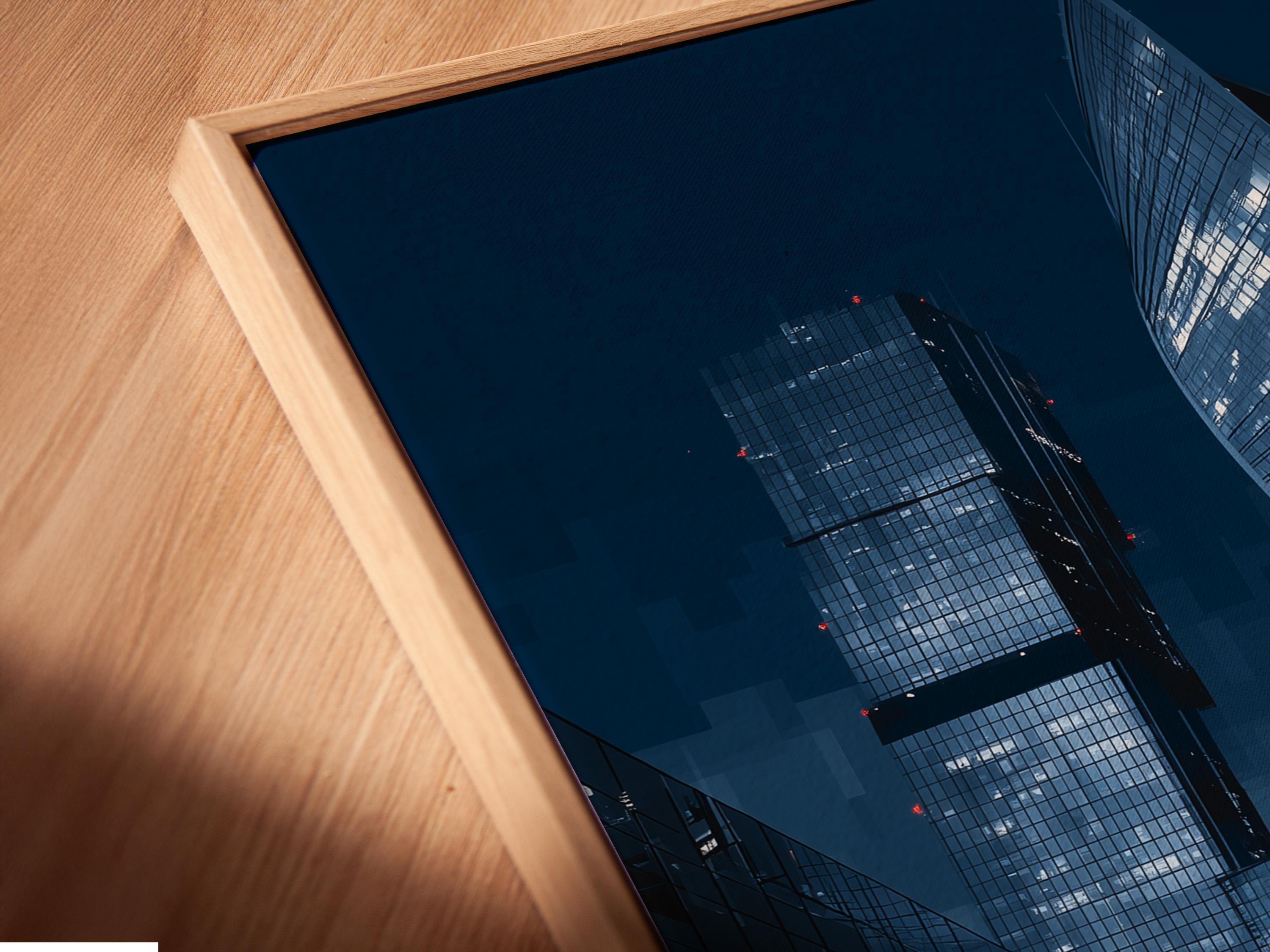 Night cityscape with tall glass skyscrapers, glowing windows and reflective wet street detail view