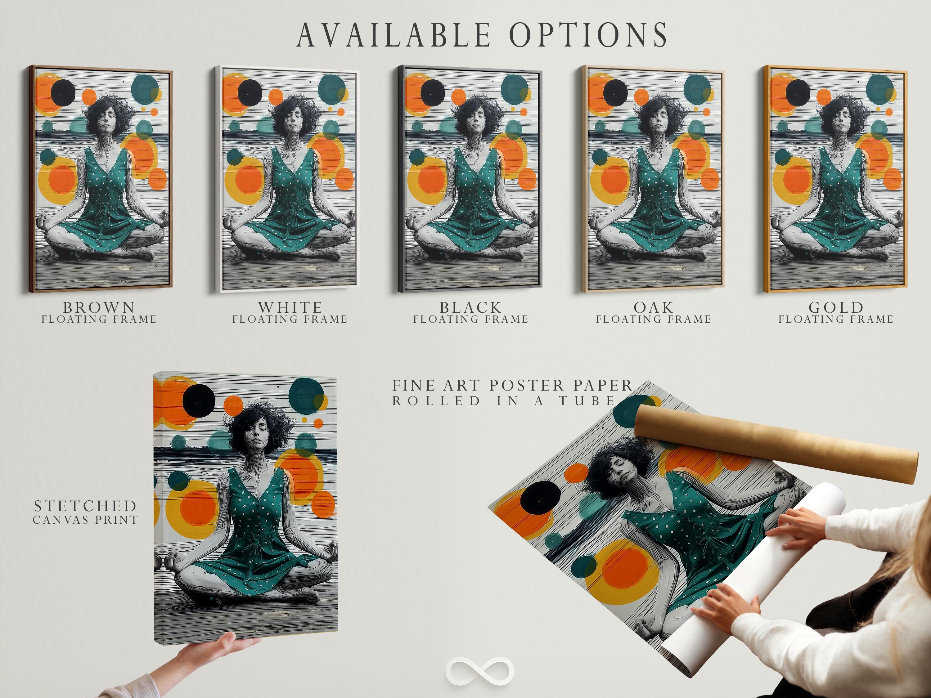 Seated meditating woman illustration with teal, orange and yellow circles and horizontal stripes background detail view