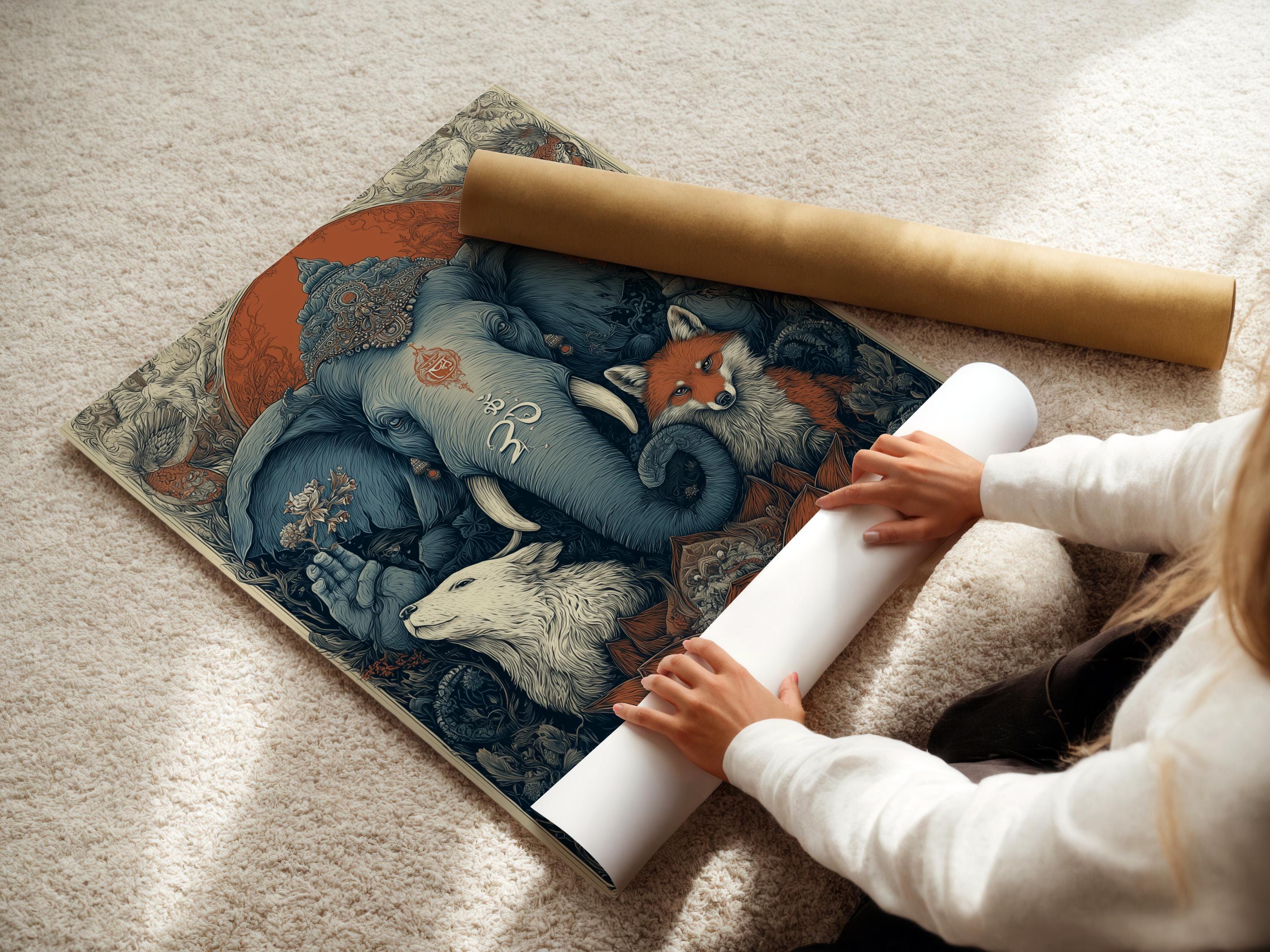 Ornate spiritual animal illustration of a blue elephant with an om symbol, fox and wolf in a forest scene detail view