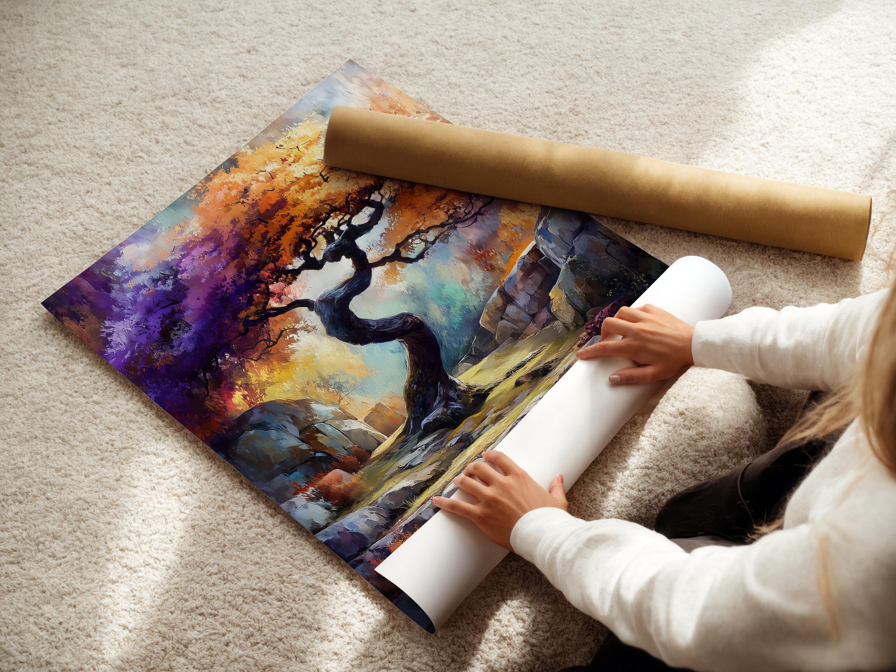 Fantasy tree landscape artwork with a twisted tree, rocky steps and vivid purple, orange and blue colours detail view