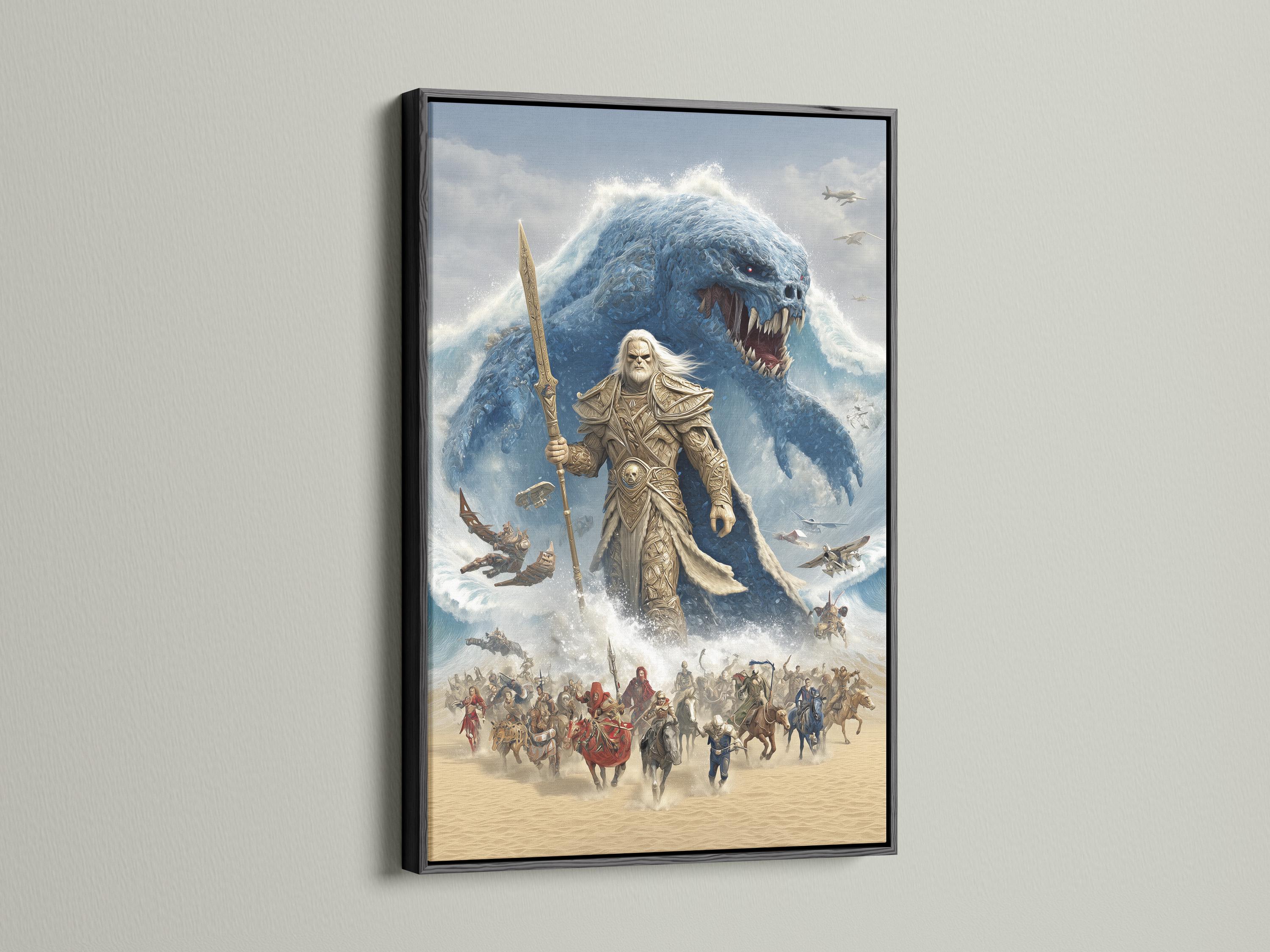 Blue sea monster lunging at a spear-wielding warrior in a stormy fantasy battle scene detail view