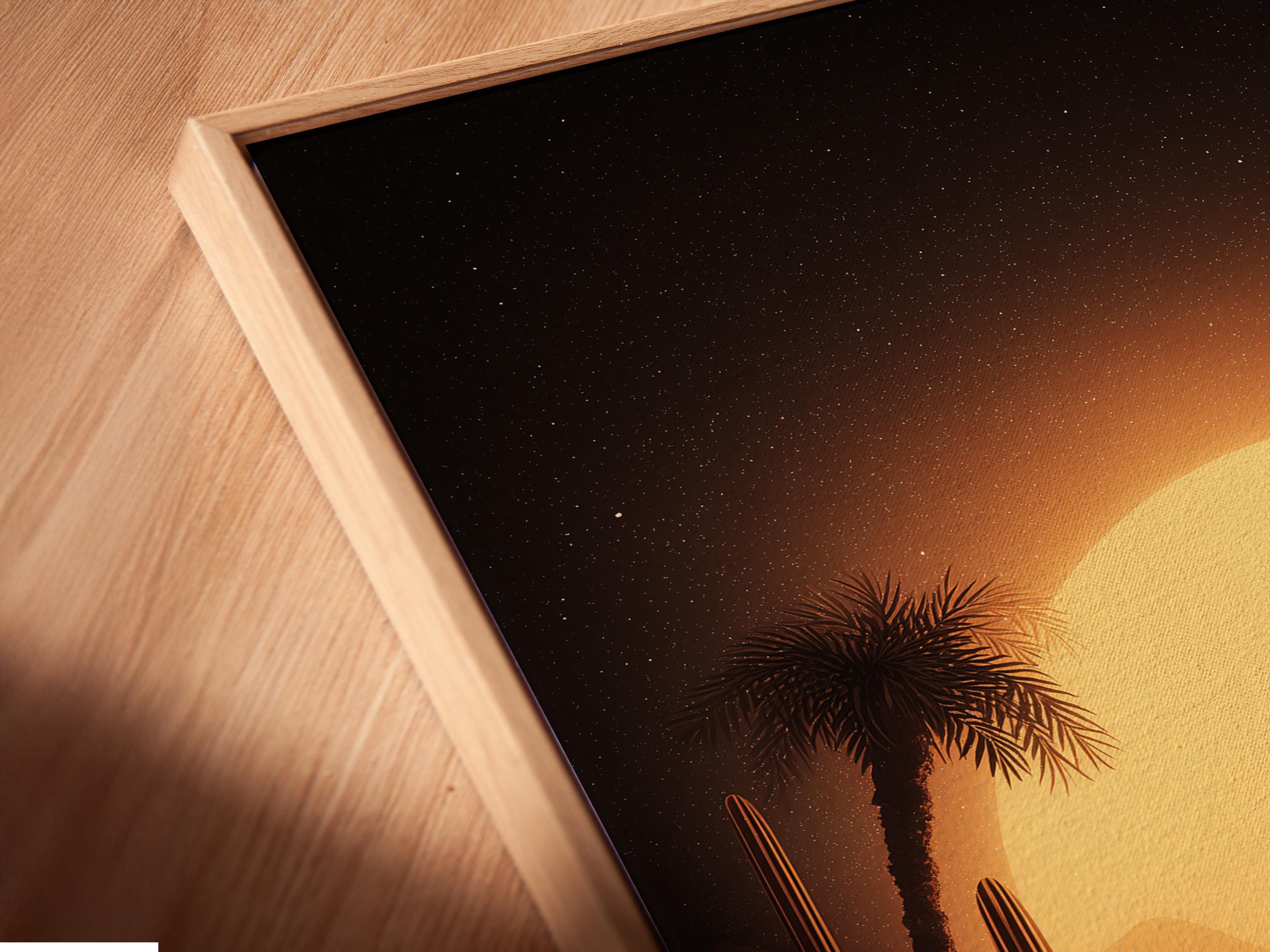 Camel silhouette in a desert sunset scene with a glowing sun, cacti, palm trees and distant mountains detail view