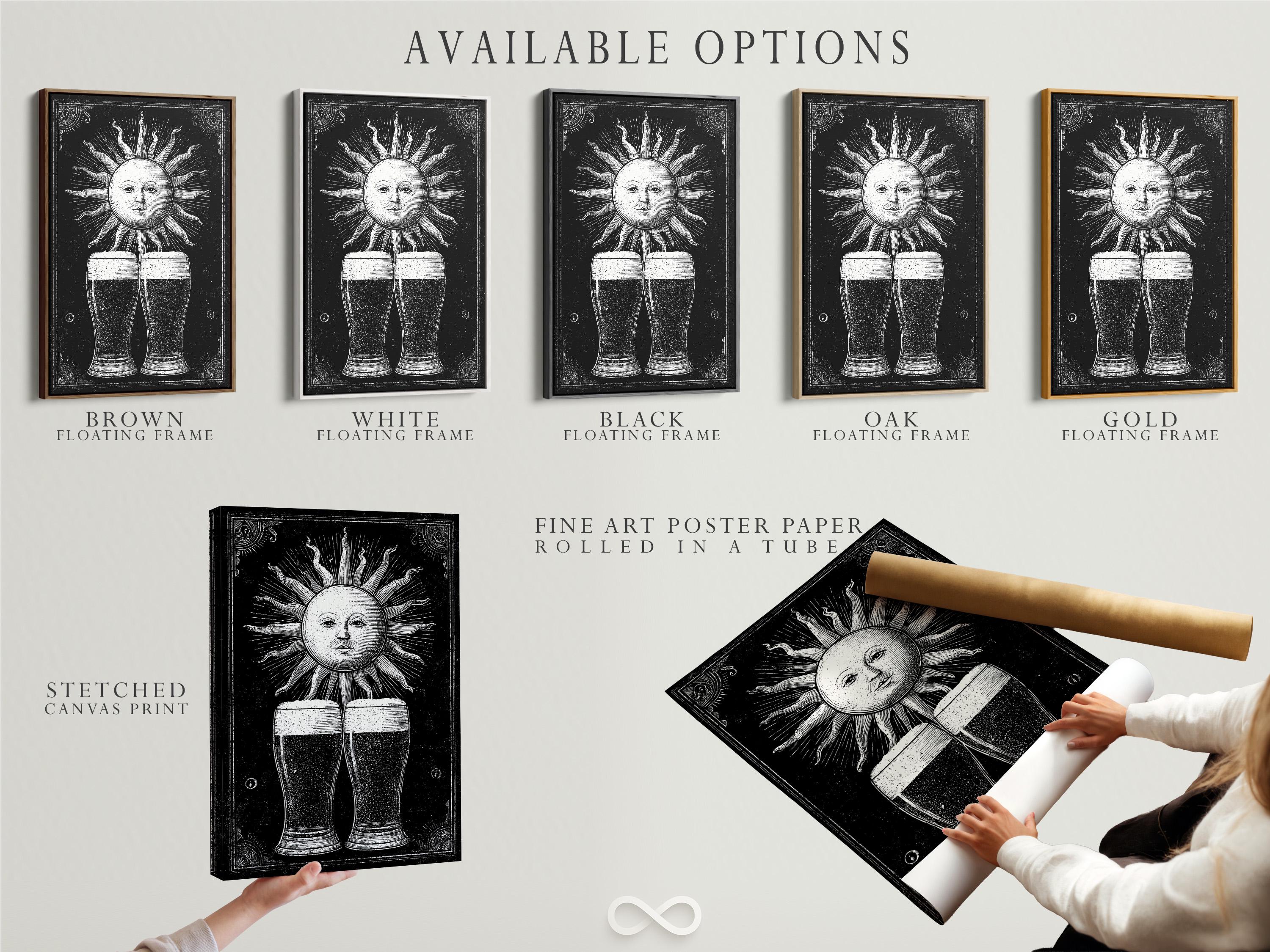 Black and white sun face with radiating rays above two mirrored beer mugs detail view