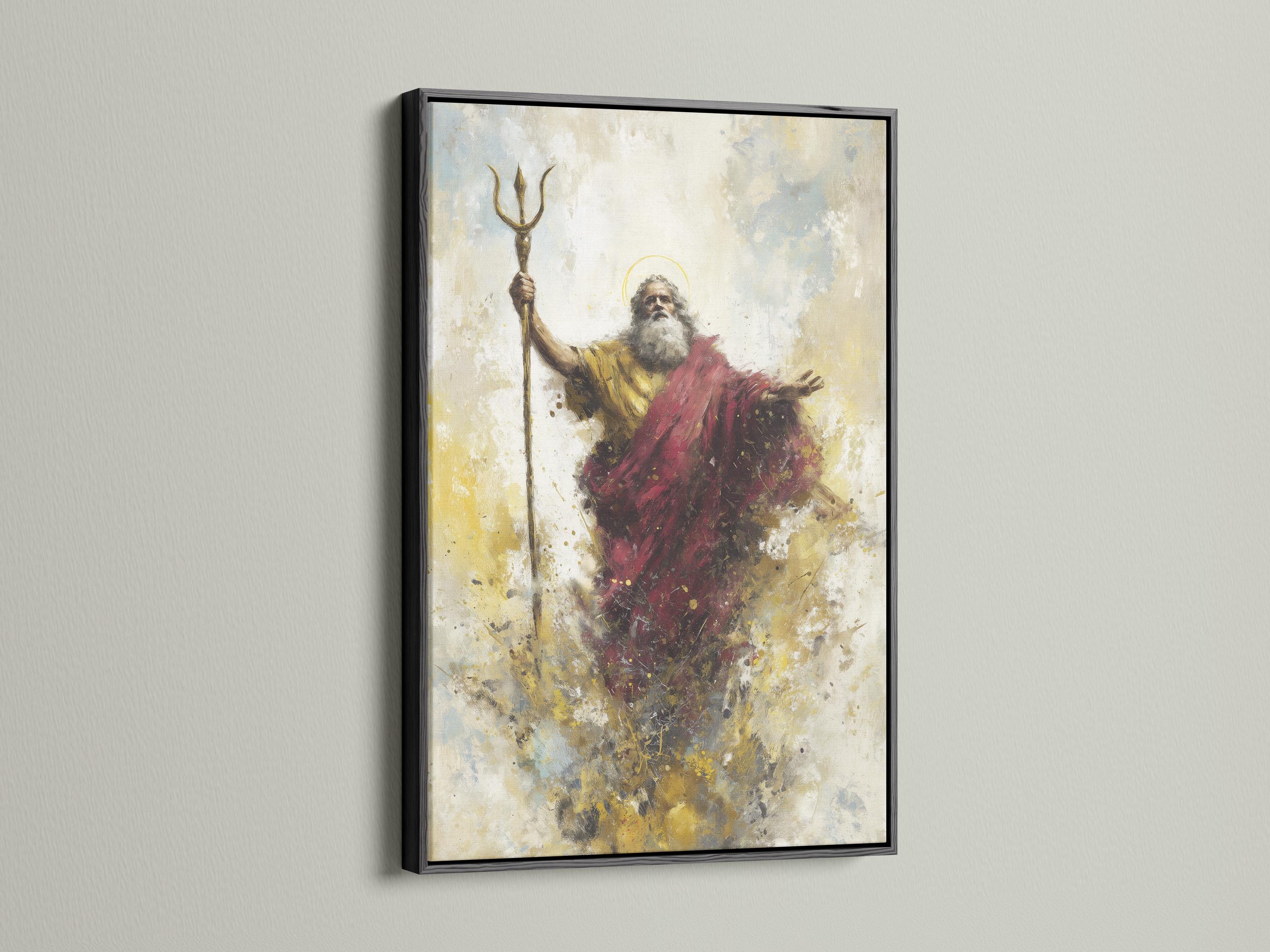 Mythological bearded figure holding an upright trident, wearing a red cloak on a textured beige background detail view