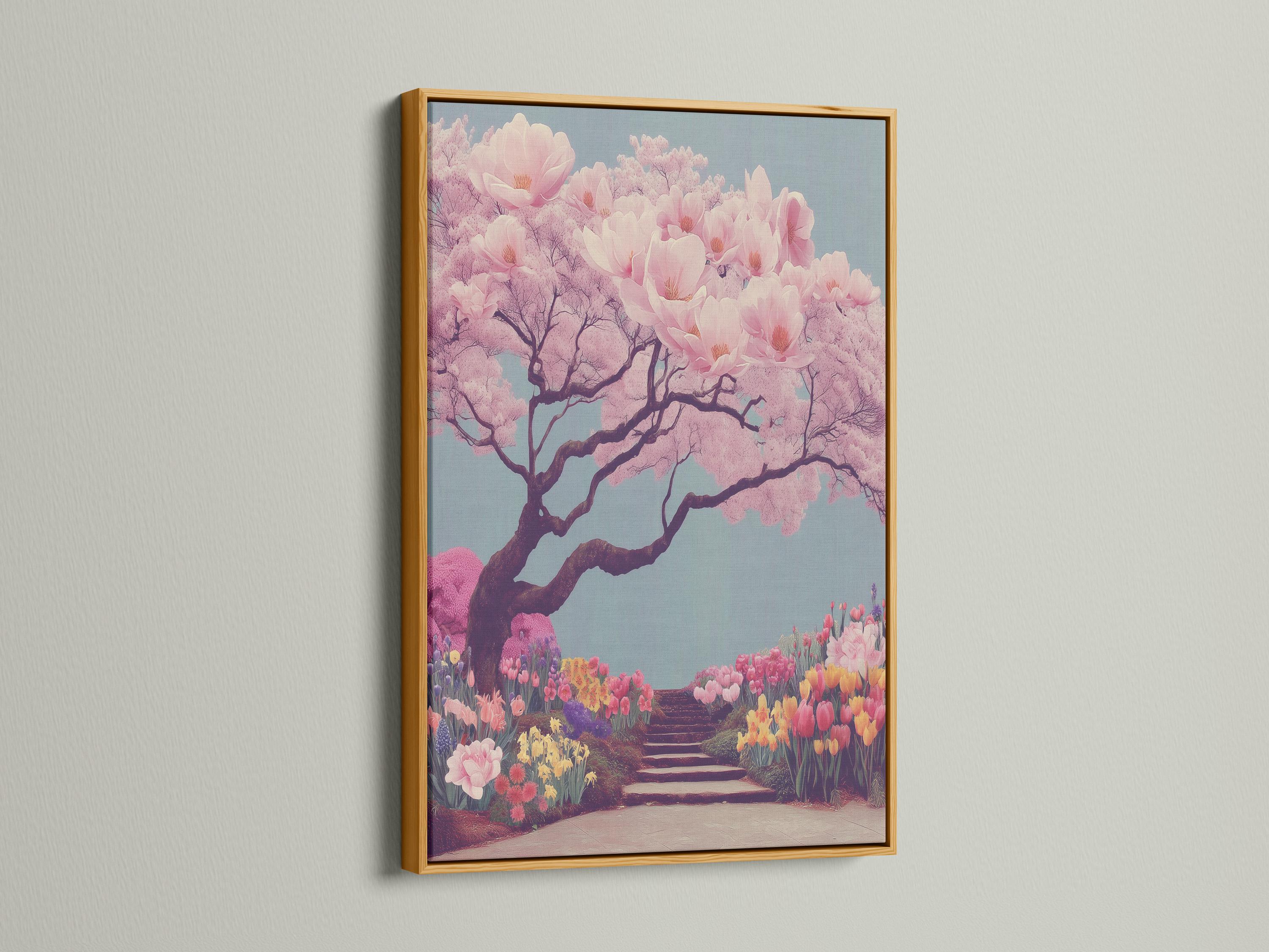 Cherry blossom tree illustration with pale pink blossoms and a winding flower-lined path detail view