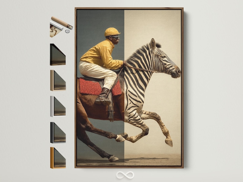Zebra jockey artwork: a rider in cream and gold on a striped zebra with red saddle cloth