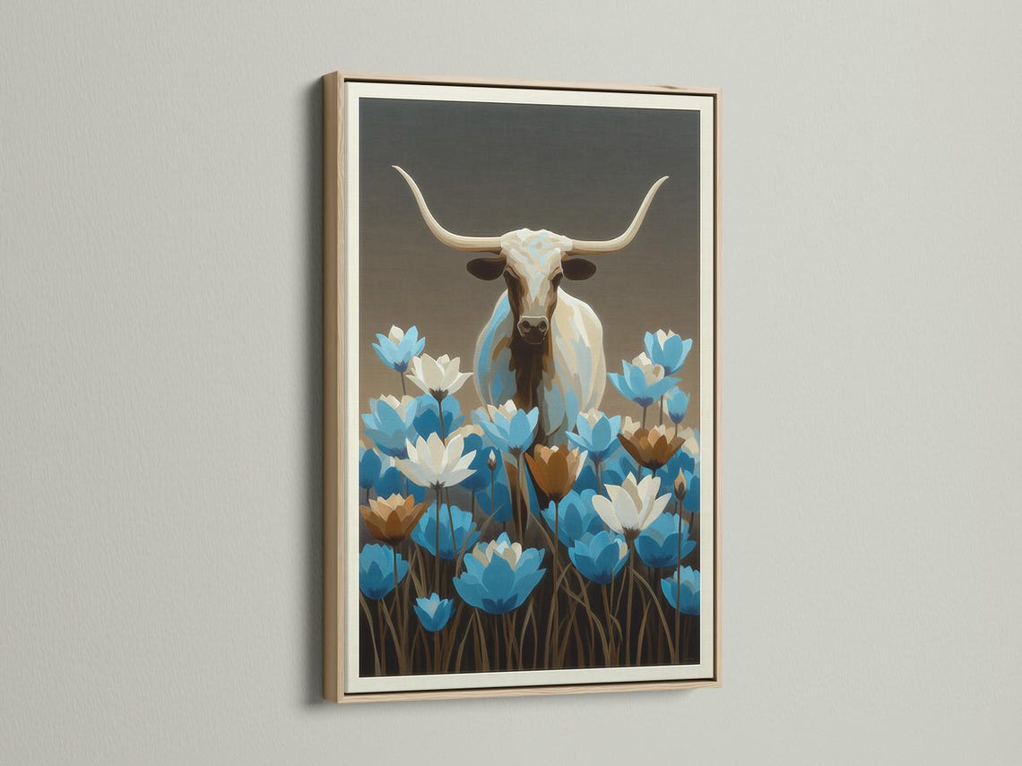 Longhorn bull artwork mockup on a wall with wildflowers and a framed design