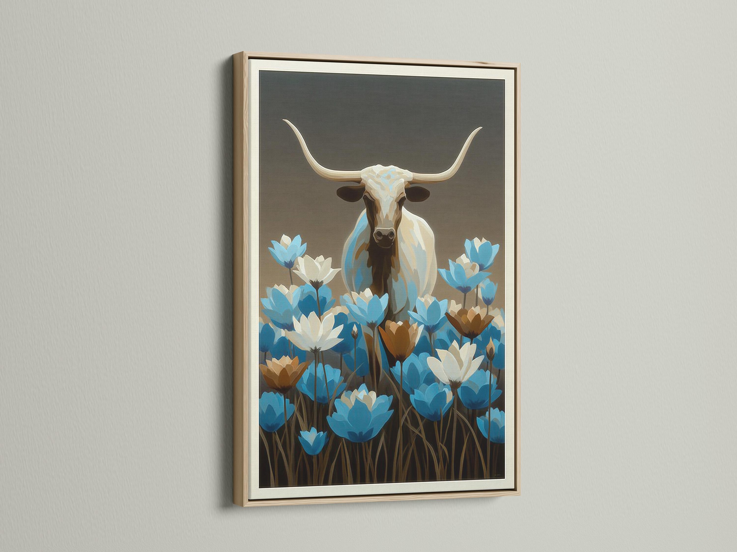 Longhorn bull artwork mockup on a wall with wildflowers and a framed design