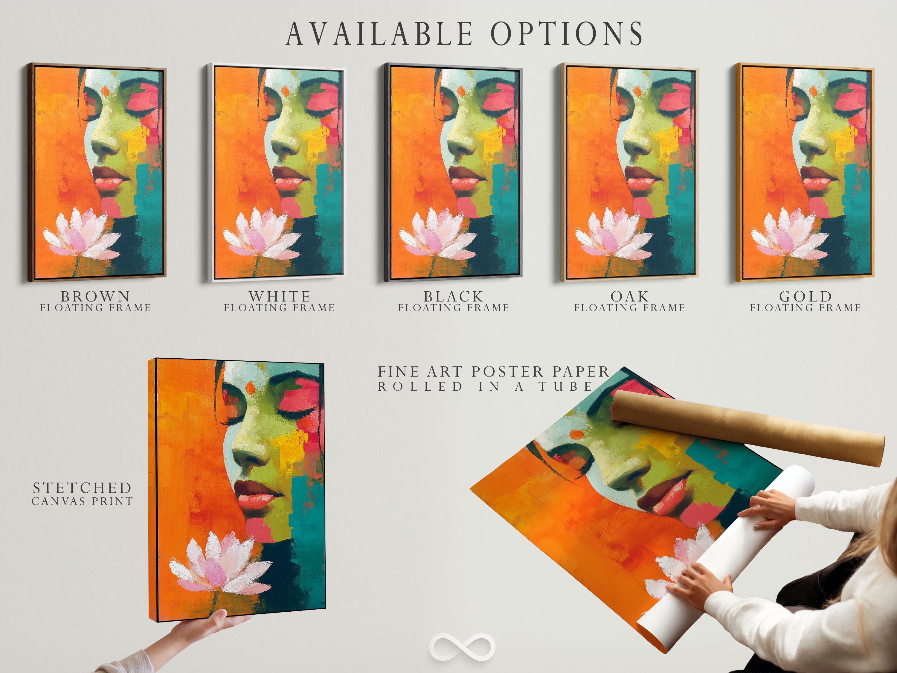 Abstract framed portrait of a woman profile with a lotus flower, shown in a room mockup with multiple frame options