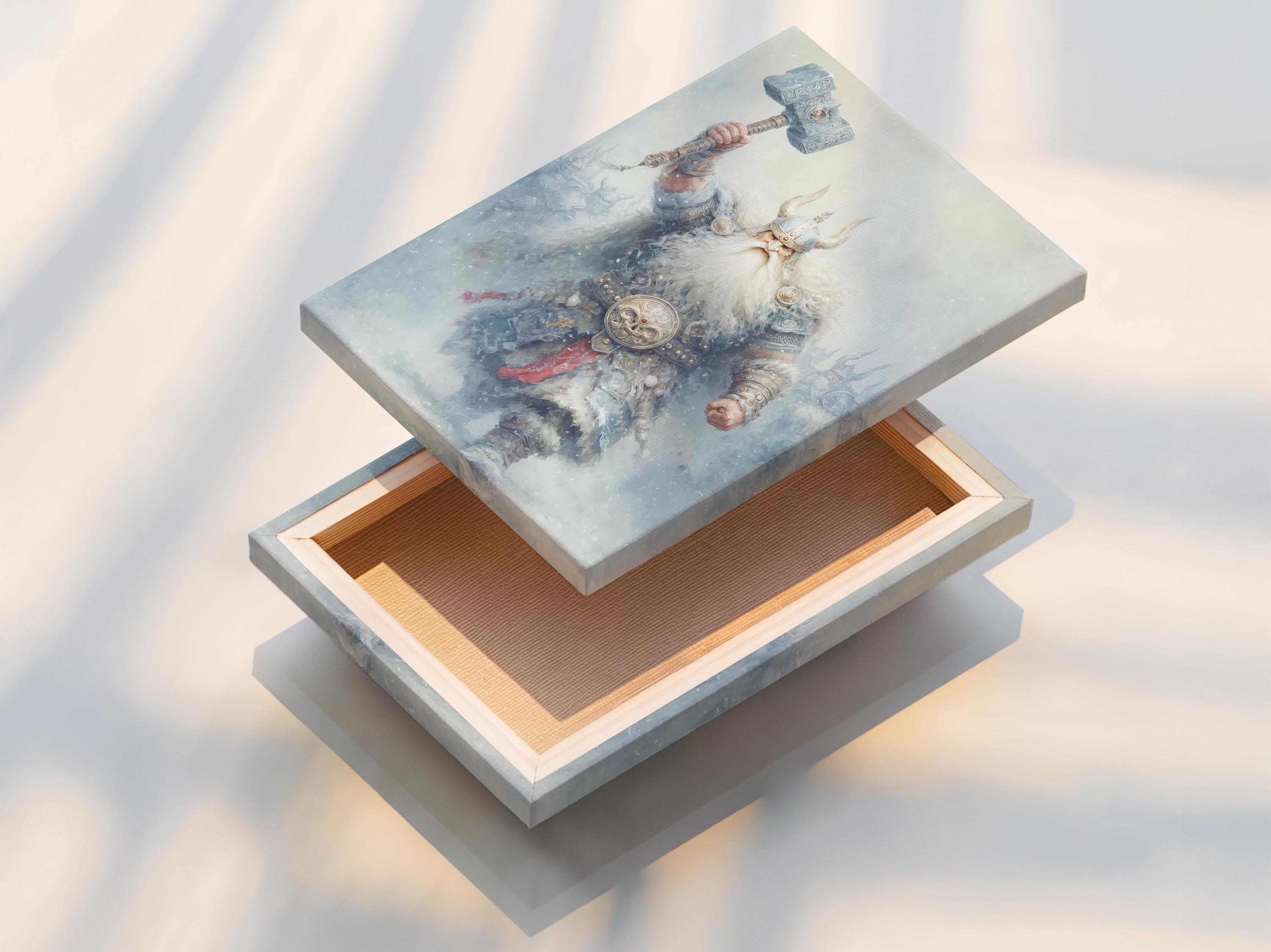 Misty Norse-style warrior holding a raised hammer in blue-grey tones with muted red accents detail view