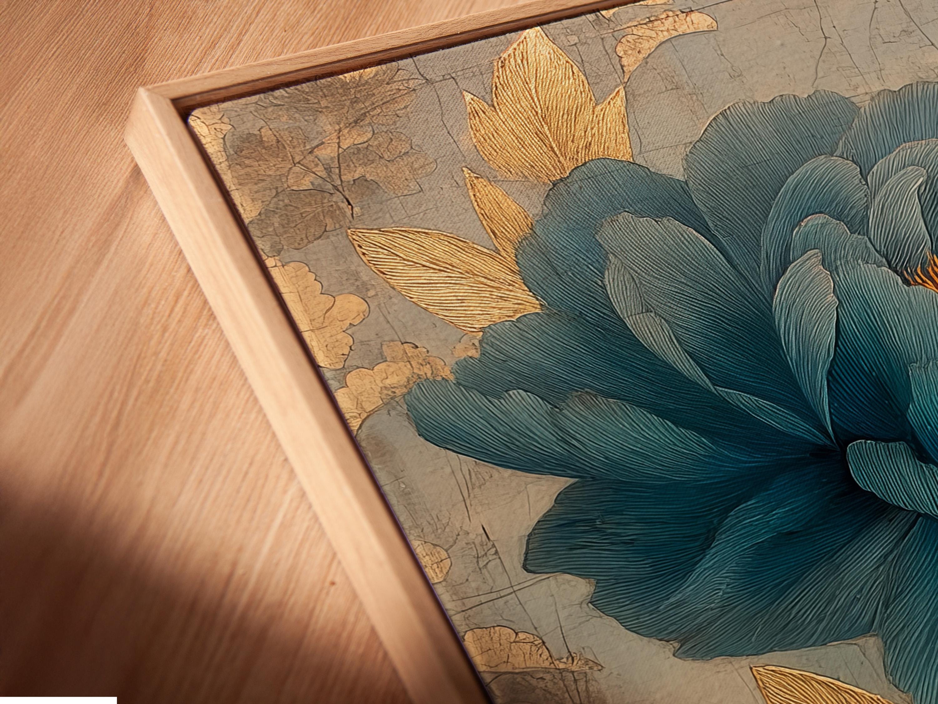 Teal peony flower with gold-brown leaves over a light grey map-like background detail view