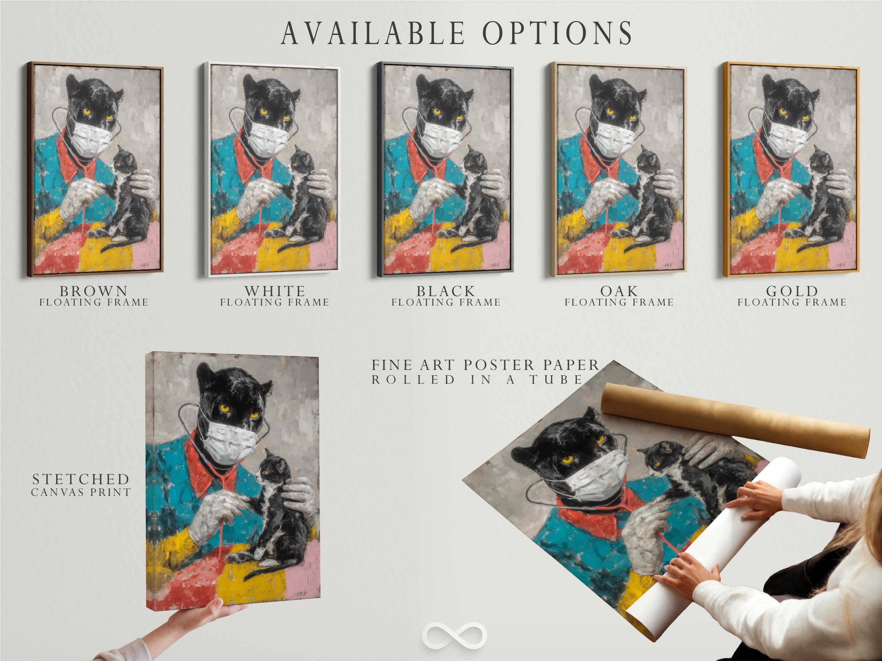 Painterly black cat doctor with a white mask and bright yellow eyes, with a smaller masked kitten beside it detail view