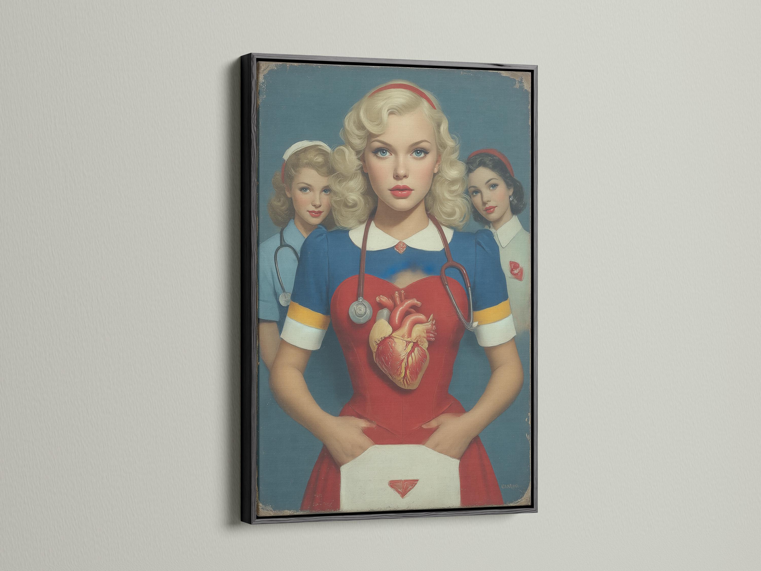 Vintage portrait of three nurses with a central anatomical heart and stethoscope detail view