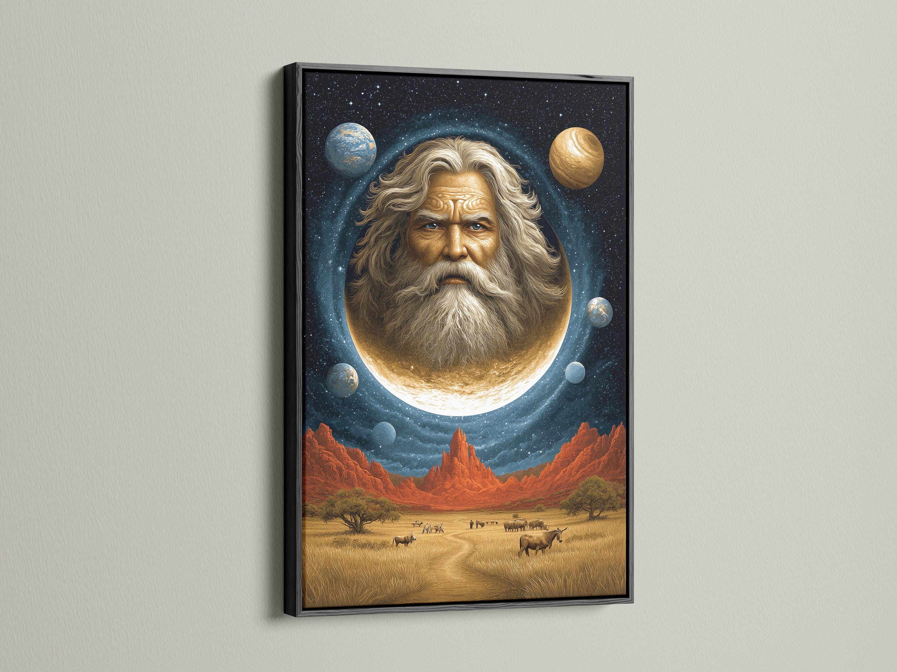 Room mockup showing a framed surreal celestial portrait with a glowing moon and desert landscape
