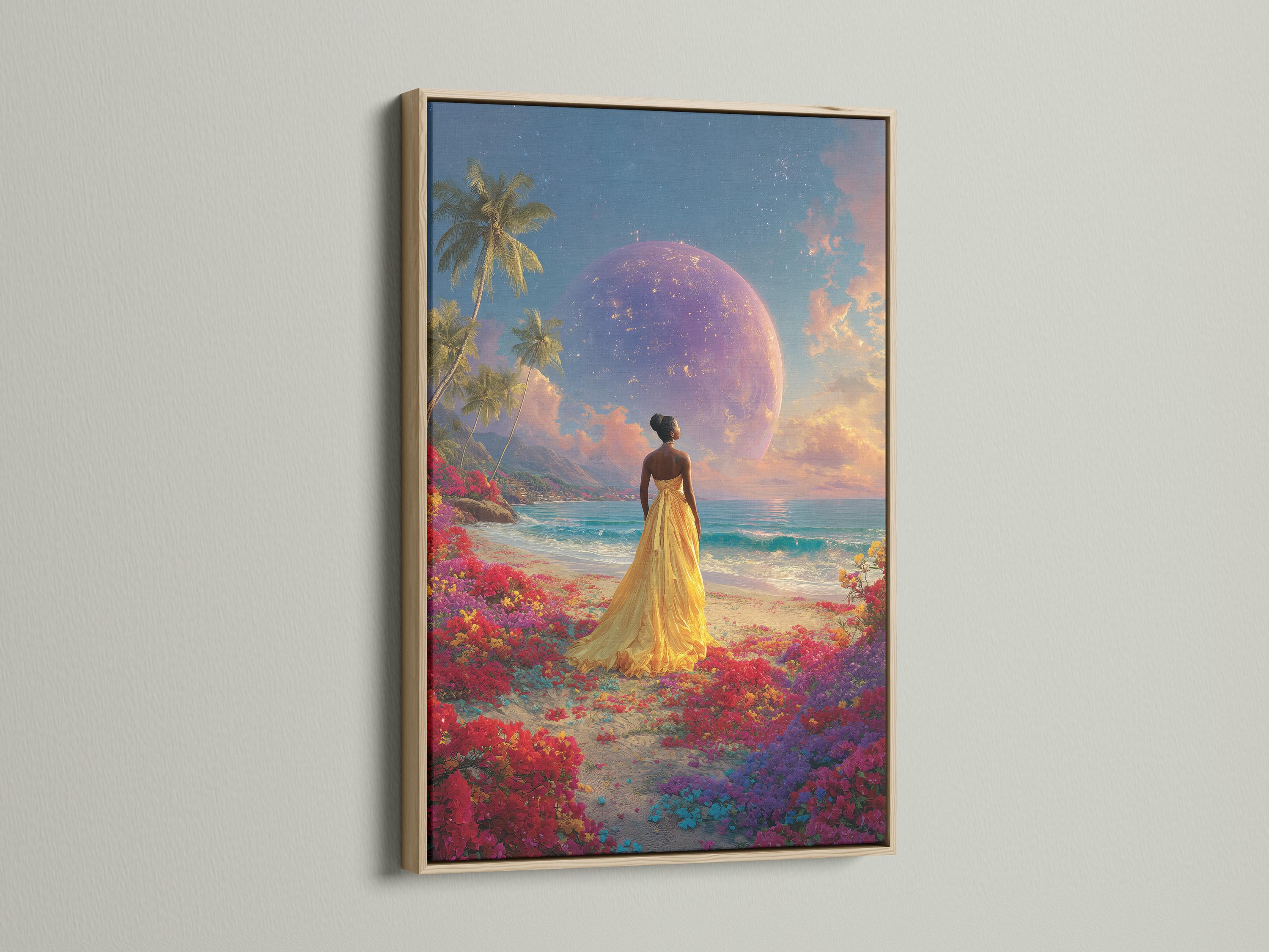Room scene with a woman in a gold dress tropical beach artwork leaning against a wall