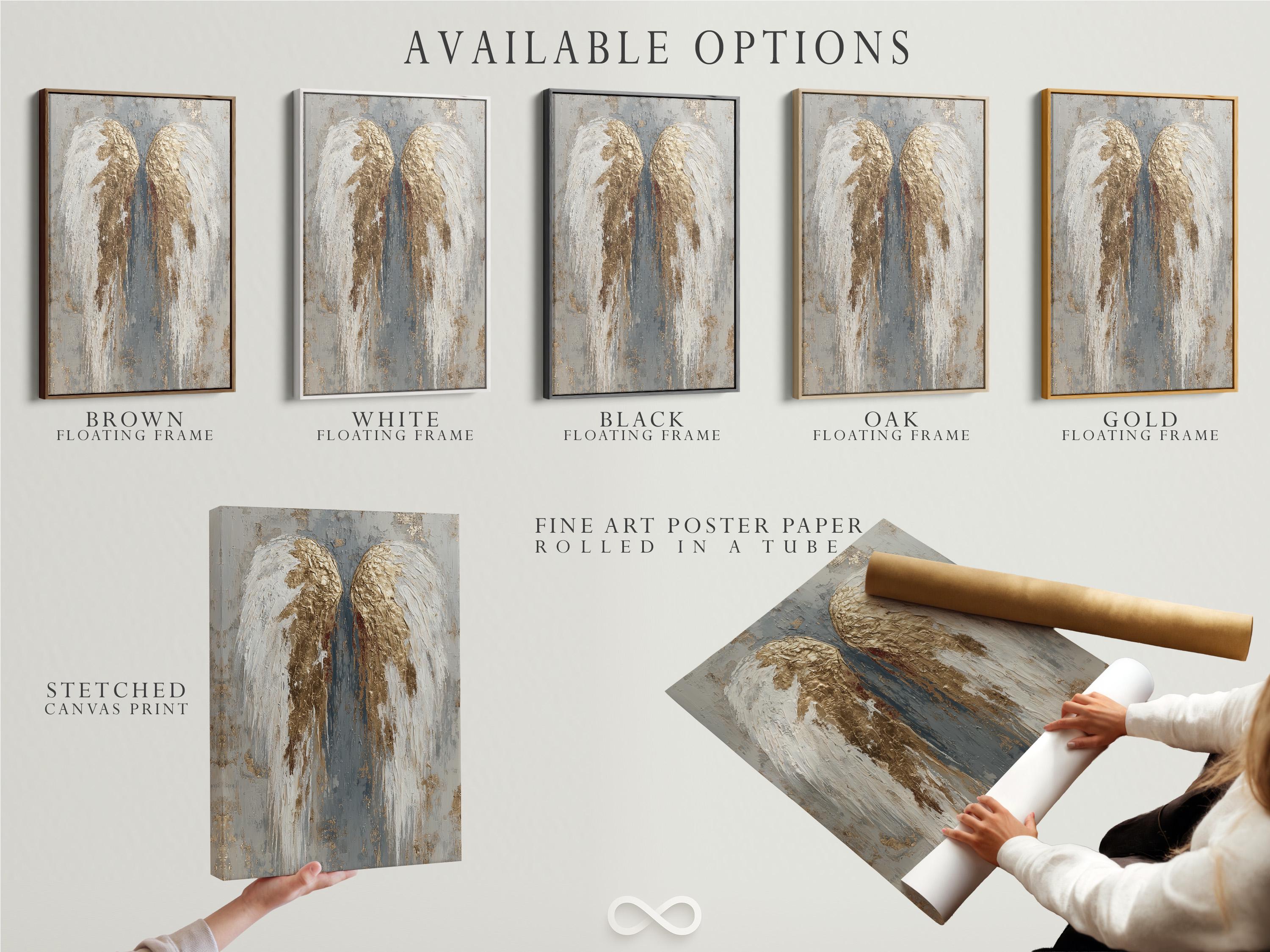 An angel-wing motif is shown symmetrically in layered white, grey and gold leaf-like tones, set against a textured neutral background detail view