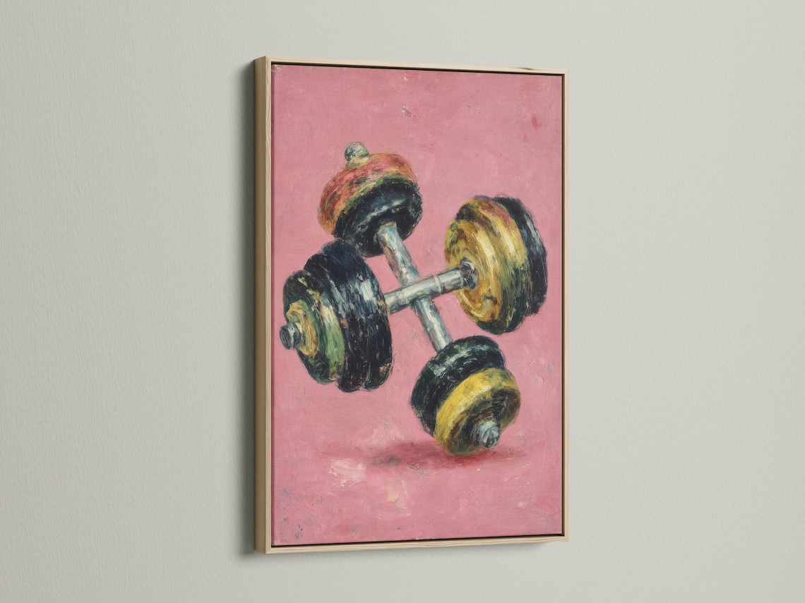 Wall mockup showing a retro dumbbell artwork on a pink textured background