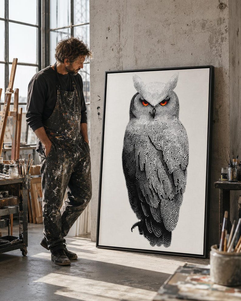 Dotted owl artwork in black and white with bright red-orange eyes