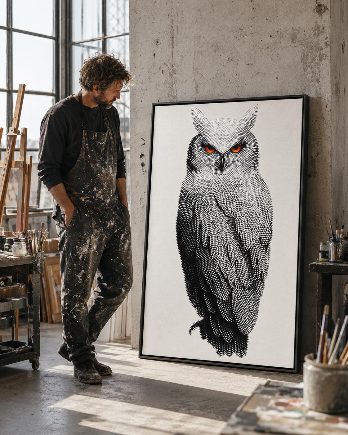 Dotted owl artwork in black and white with bright red-orange eyes