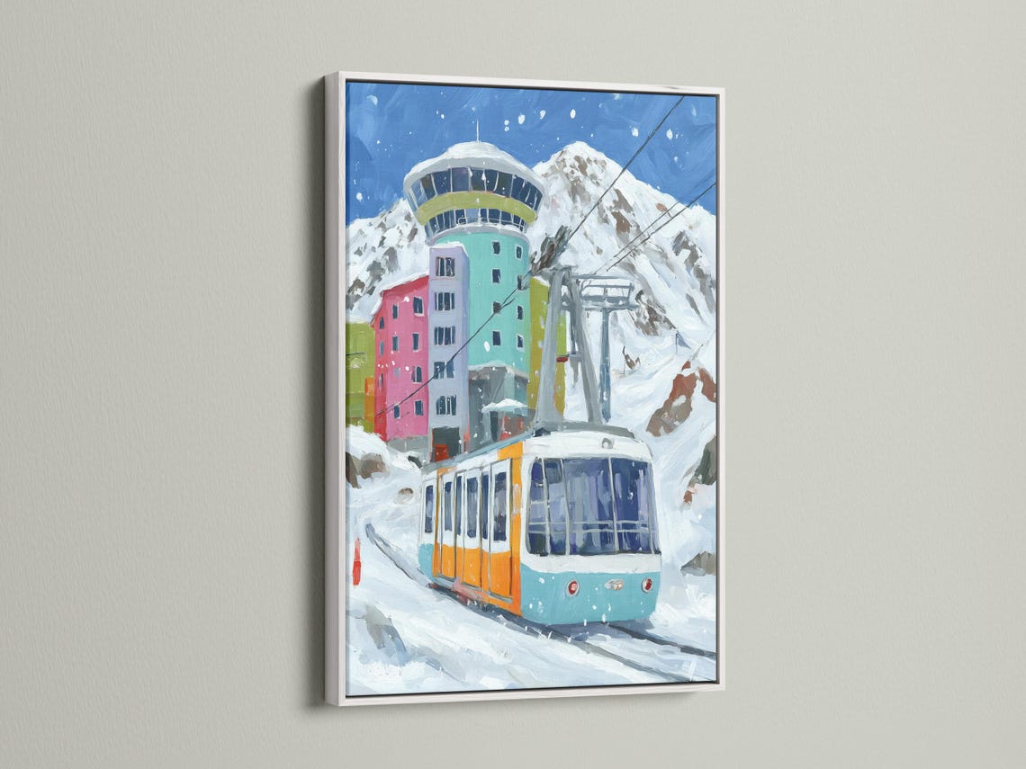 Painterly cable car gondola in a snowy alpine mountain scene with colourful buildings and falling snow detail view