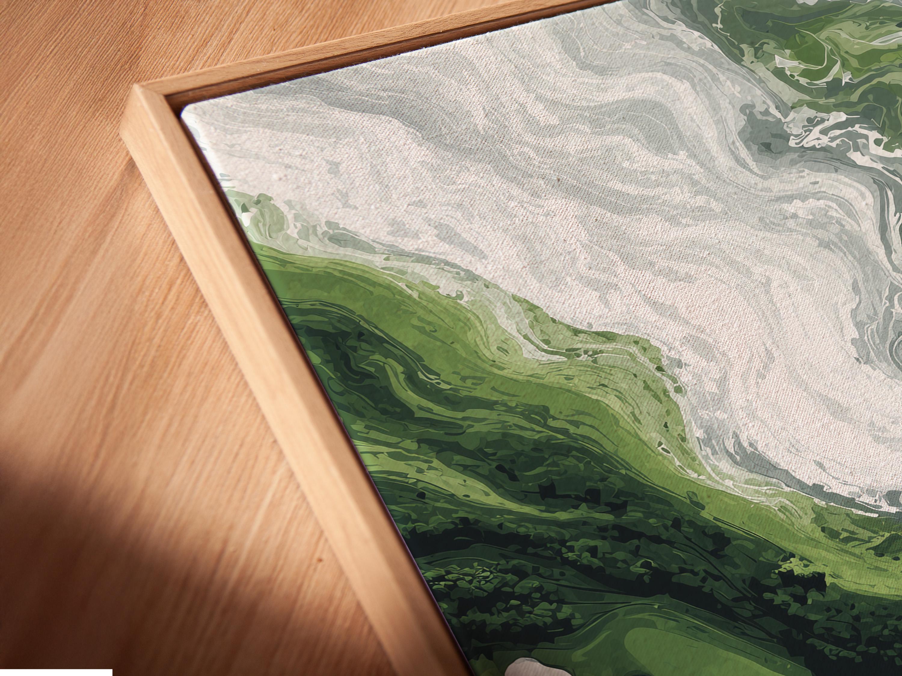 Green and white semi-abstract aerial landscape with a winding pale channel through layered terrain detail view