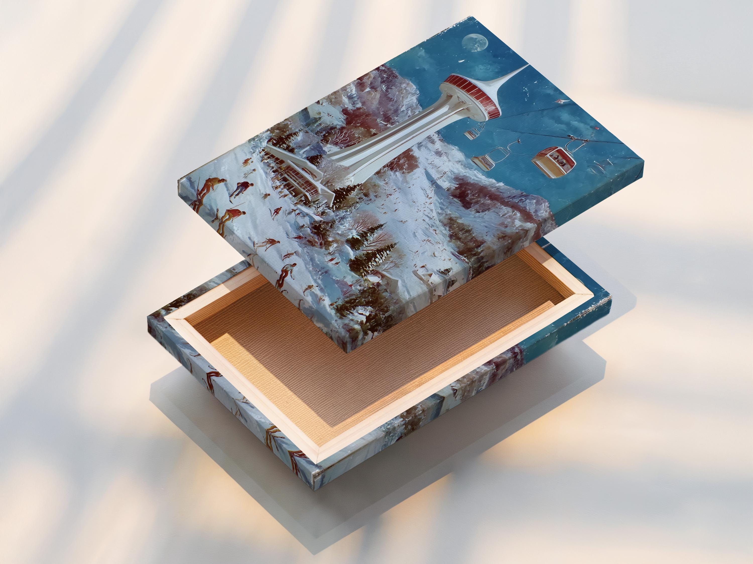 Winter ski resort scene with a tall tower, cable cars and skiers on snowy slopes detail view
