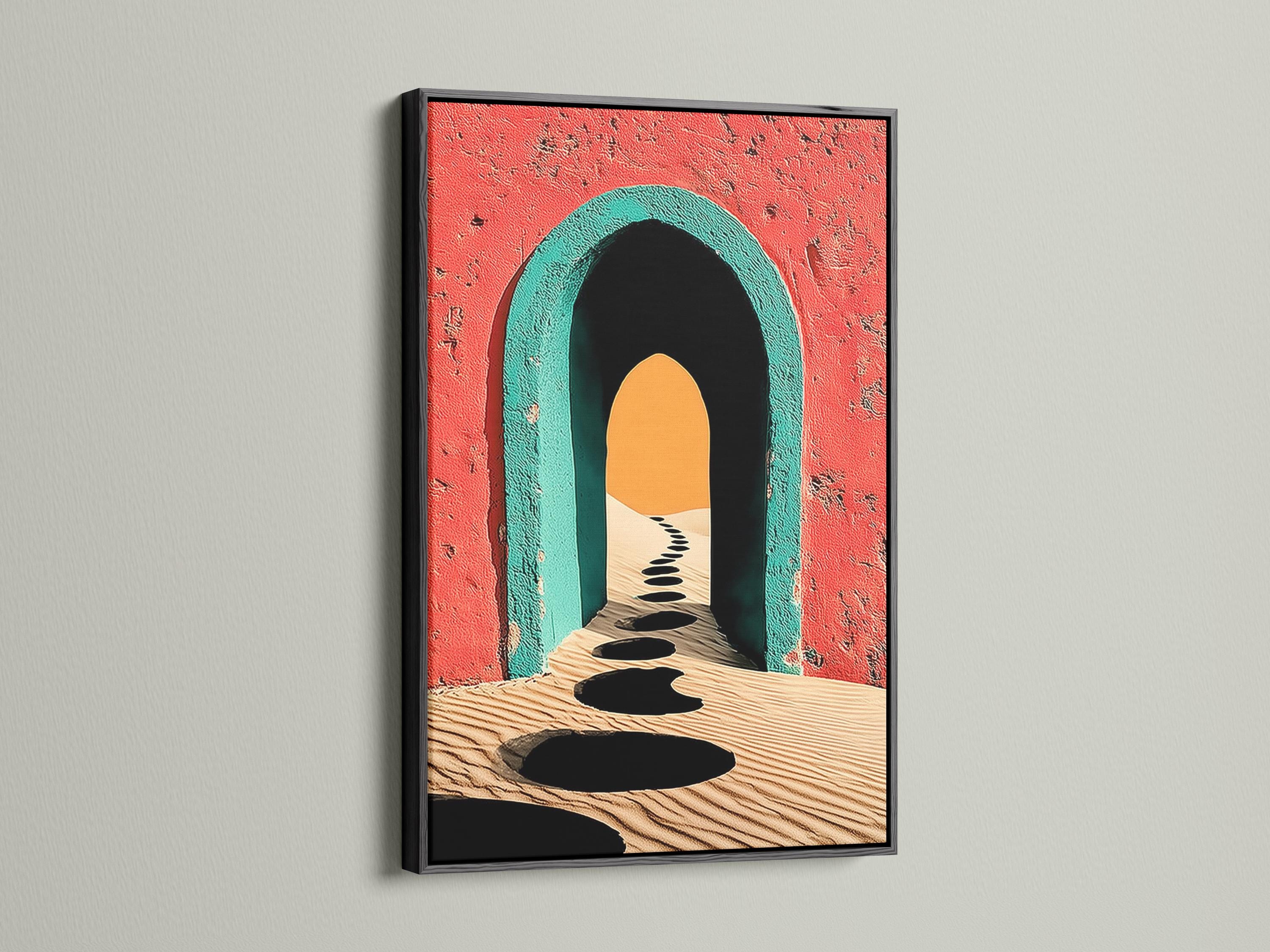 Illustrated coral-red and teal archway with sandy desert path and dark stone shapes detail view