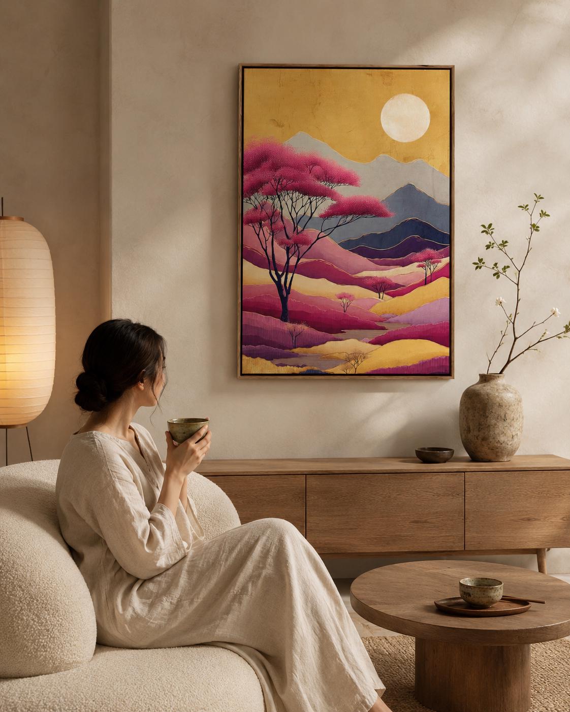 Painterly mountain landscape with blush-pink blossom trees, layered ridges and a pale moon in warm gold tones detail view