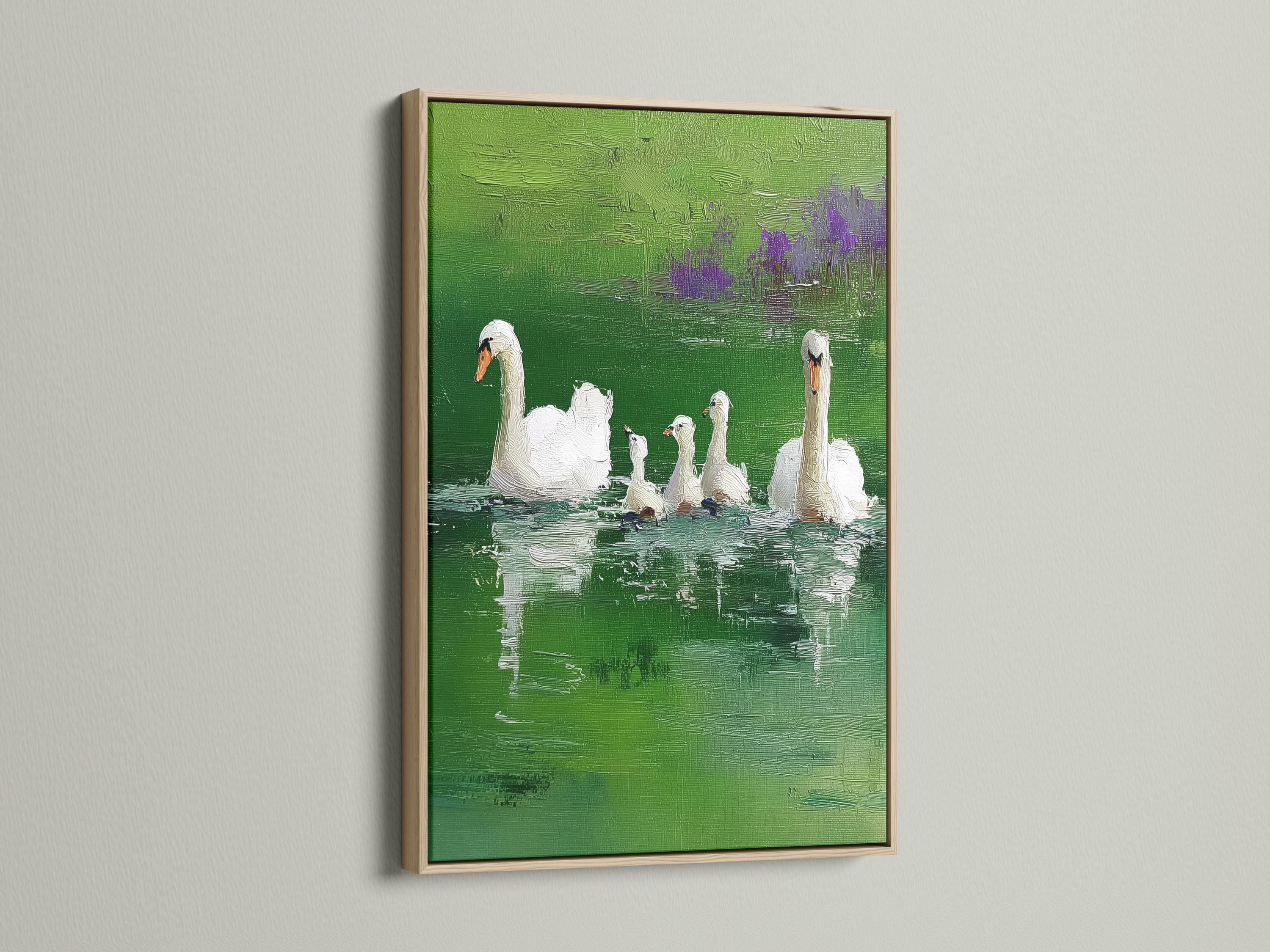 Room mockup with a framed green lake swan painting on a wall