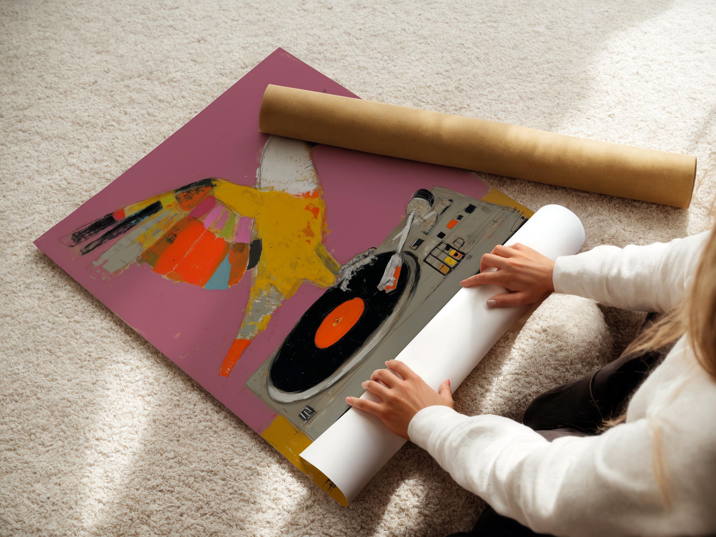 Colourful parrot perched on a turntable above a vinyl record, set against a pink-purple background detail view