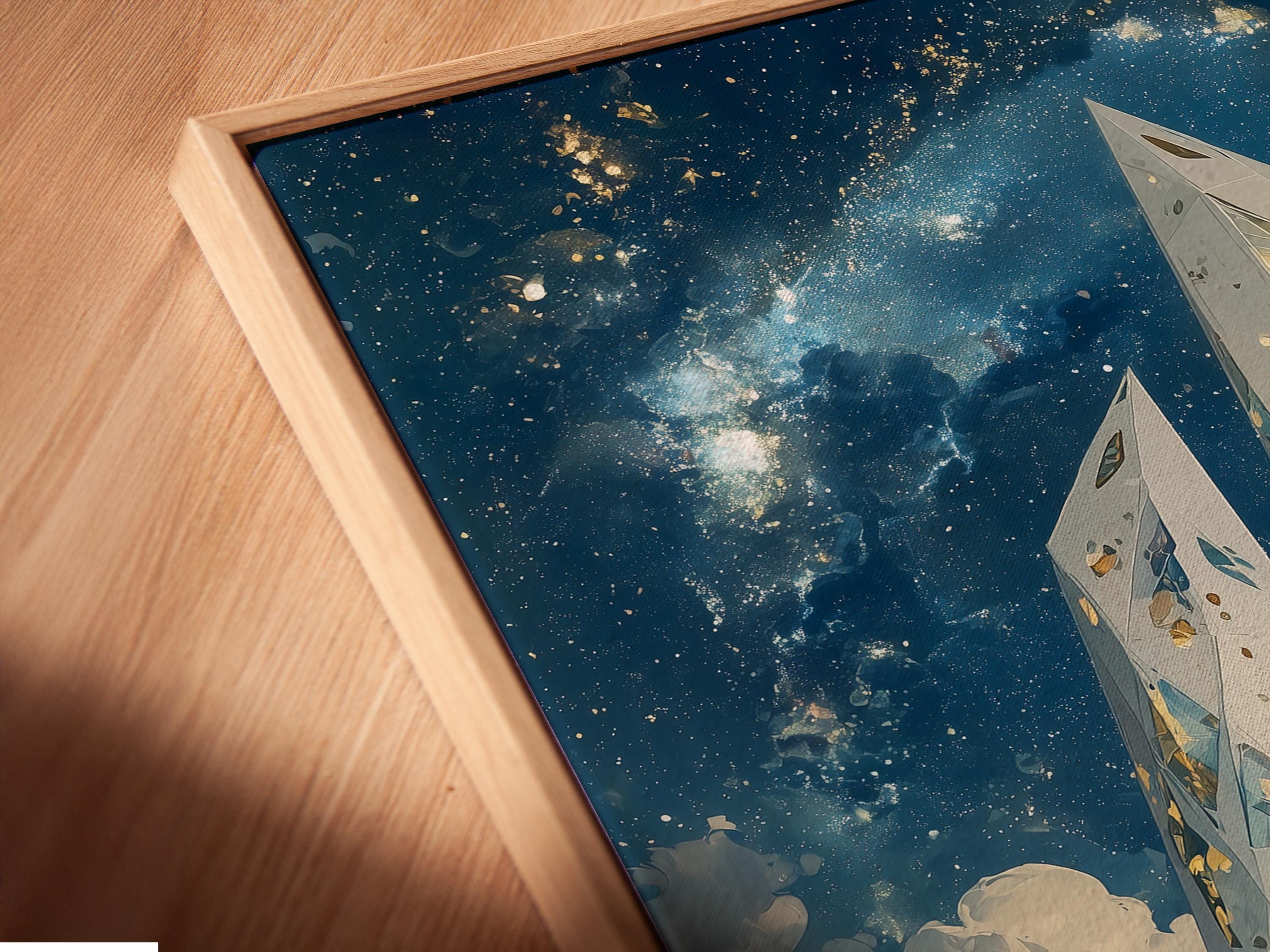 Wall mockup showing a framed artwork of glowing crystal towers over a starry night coastline