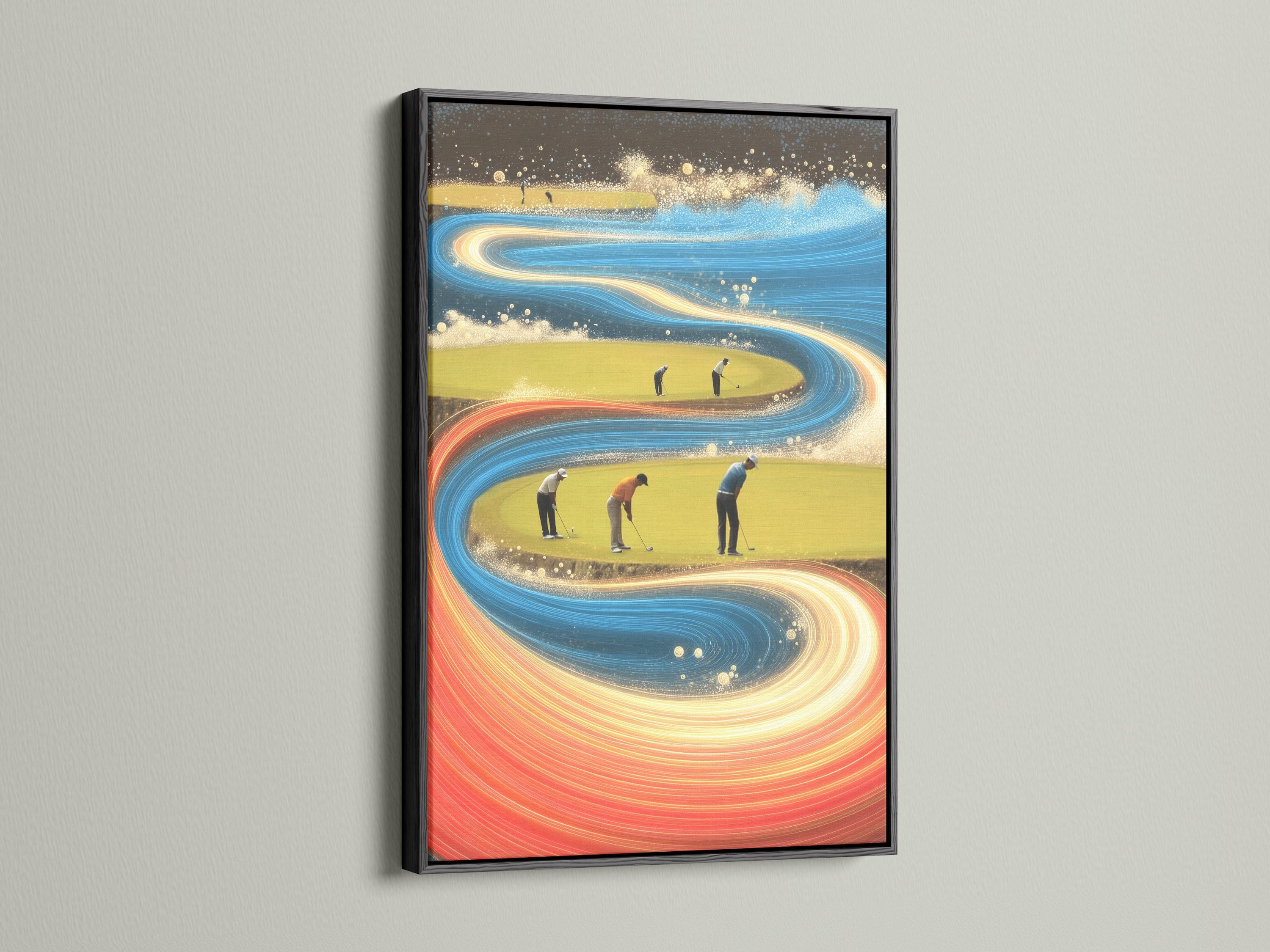 Abstract golf course scene with swirling blue and gold motion bands and small golfer figures detail view
