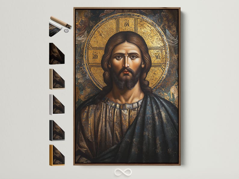 Byzantine-style portrait of Jesus Christ with a gold halo and textured dark background