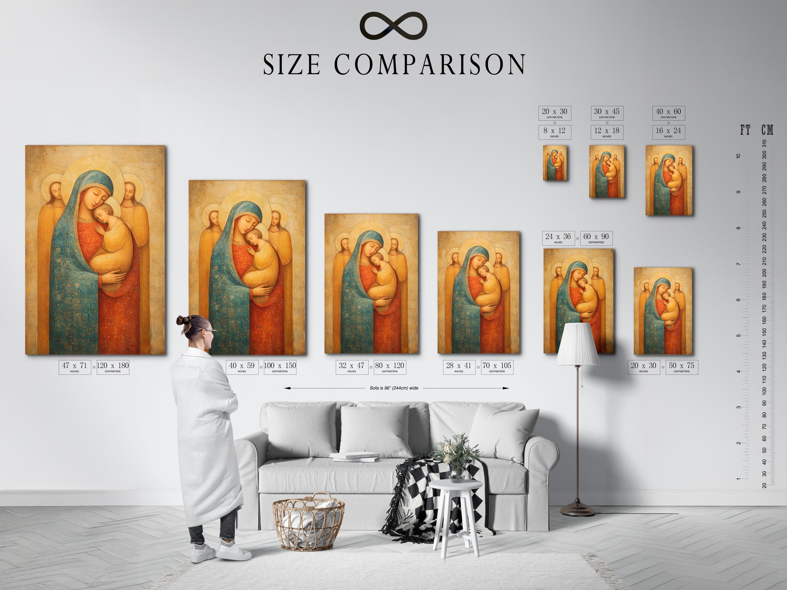 Room mockup showing framed Madonna and Child religious icon artwork