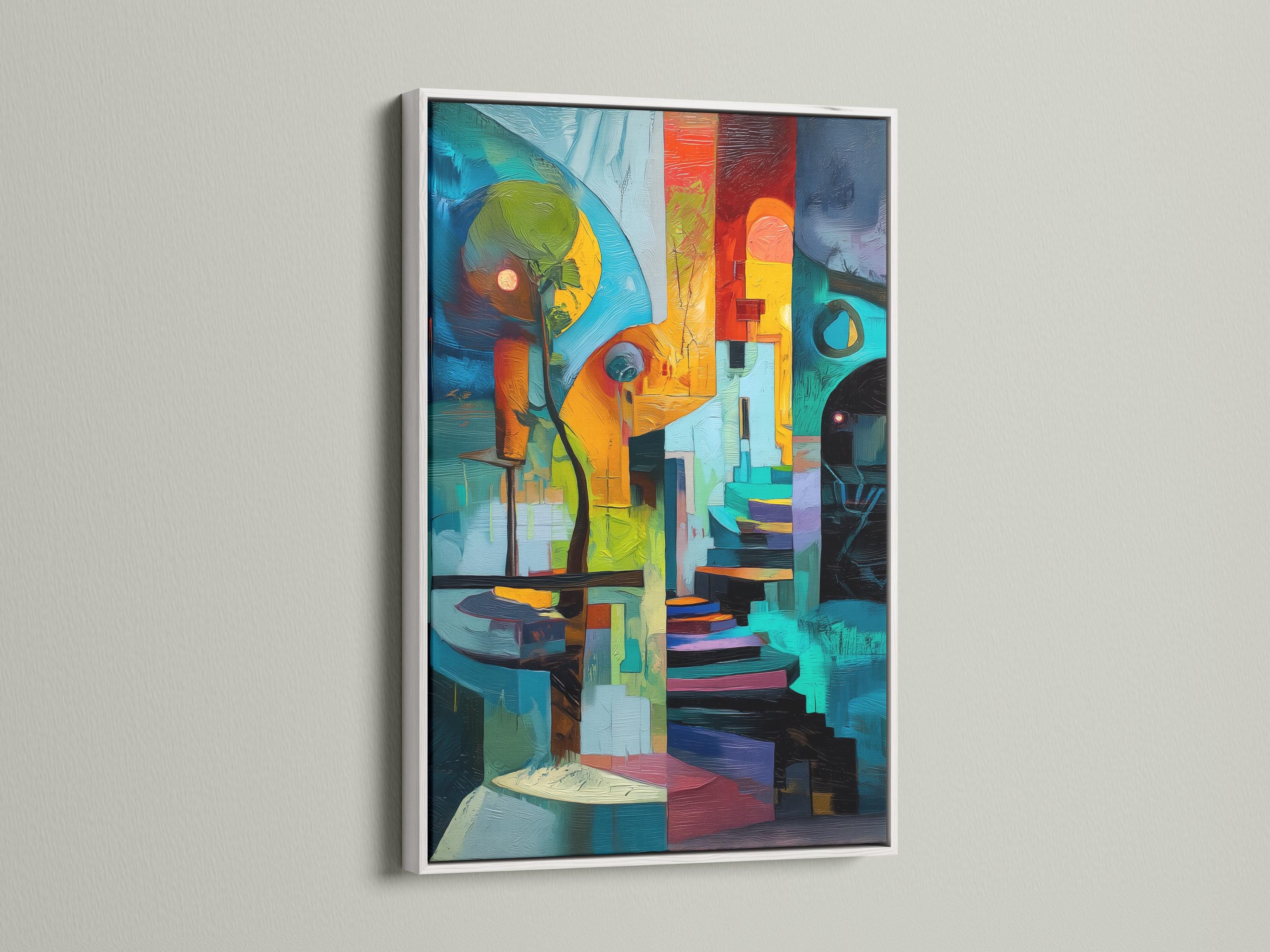 Person in yellow holding a cup standing beside a framed abstract geometric artwork