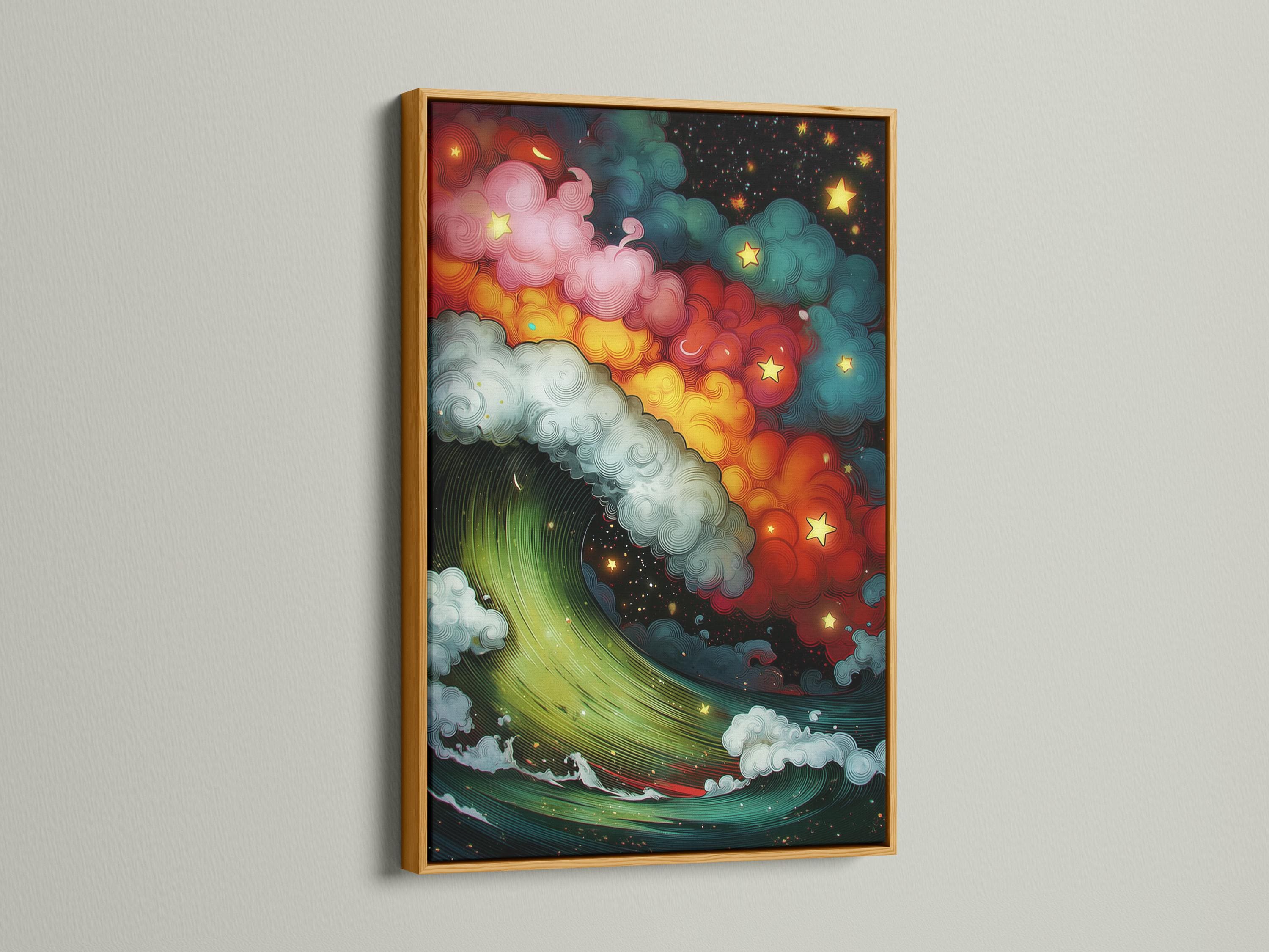 Starry ocean wave artwork with swirling clouds and gold stars in teal, red, and emerald green detail view