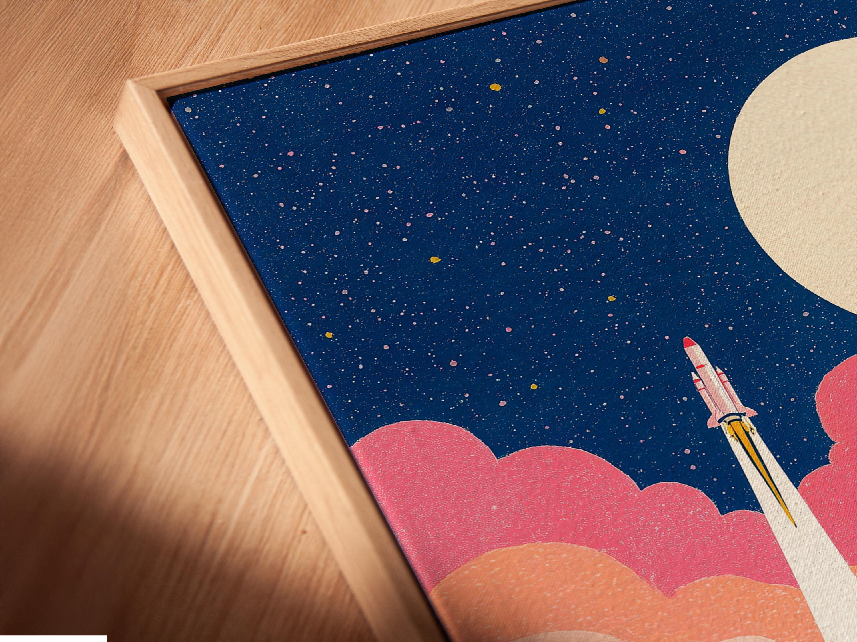 Retro rocket launching from a beach under a starry night sky with pink clouds and birds detail view