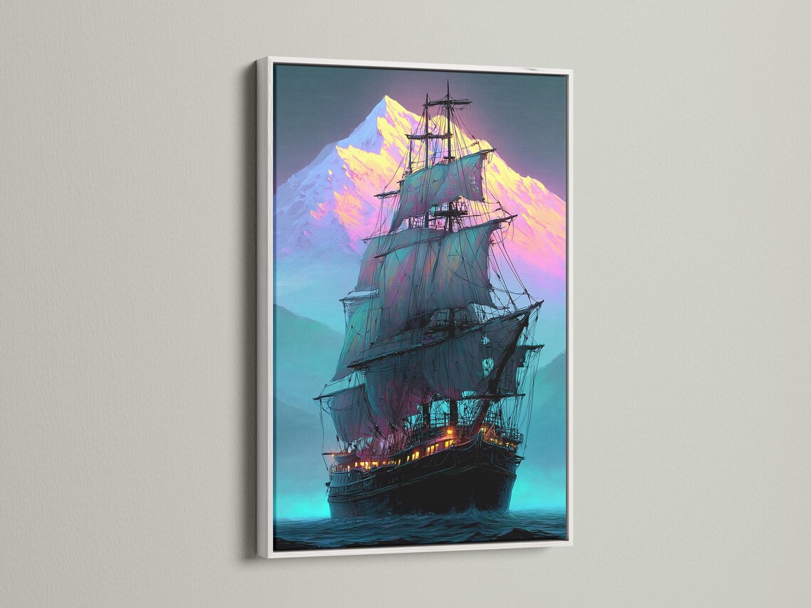 Neon-coloured sailing ship with teal ocean waves and glowing purple mountains detail view